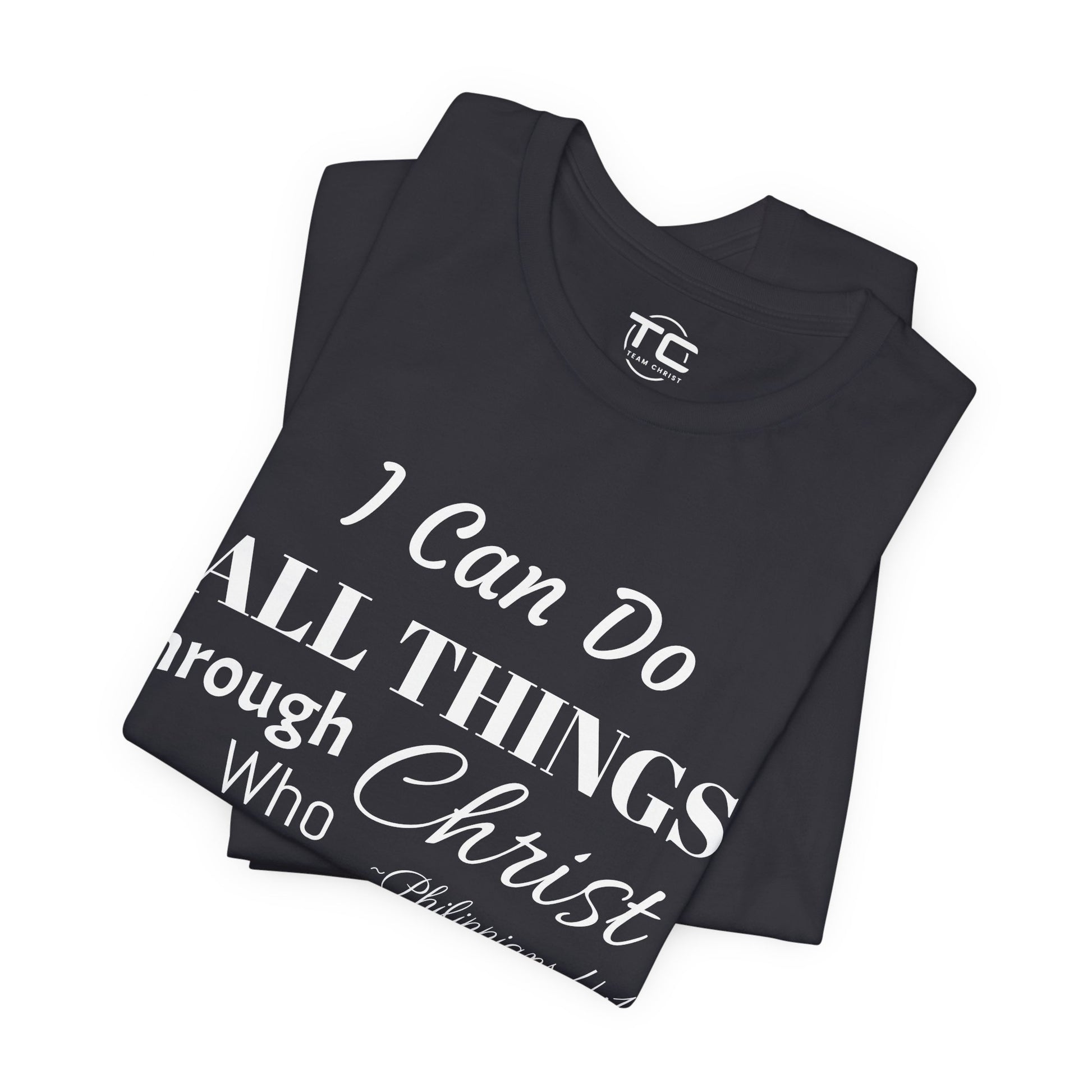 Dark Grey Christian themed shirt inspired by Philippians 4:13 featuring a stylish design, perfect for cool Christian tees collection. Folded front Image