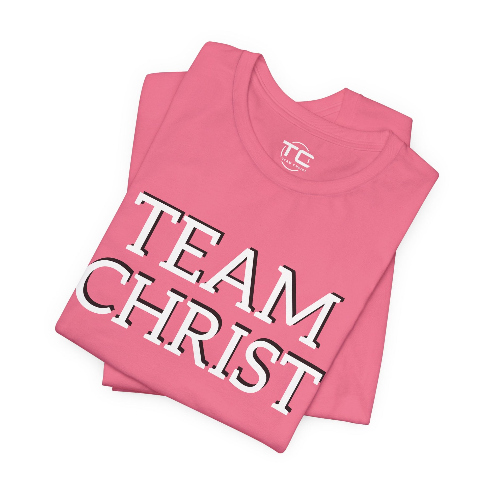 Charity Pink Christian themed shirt featuring a stylish design, perfect for cool Christian tees collection. Folded front Image