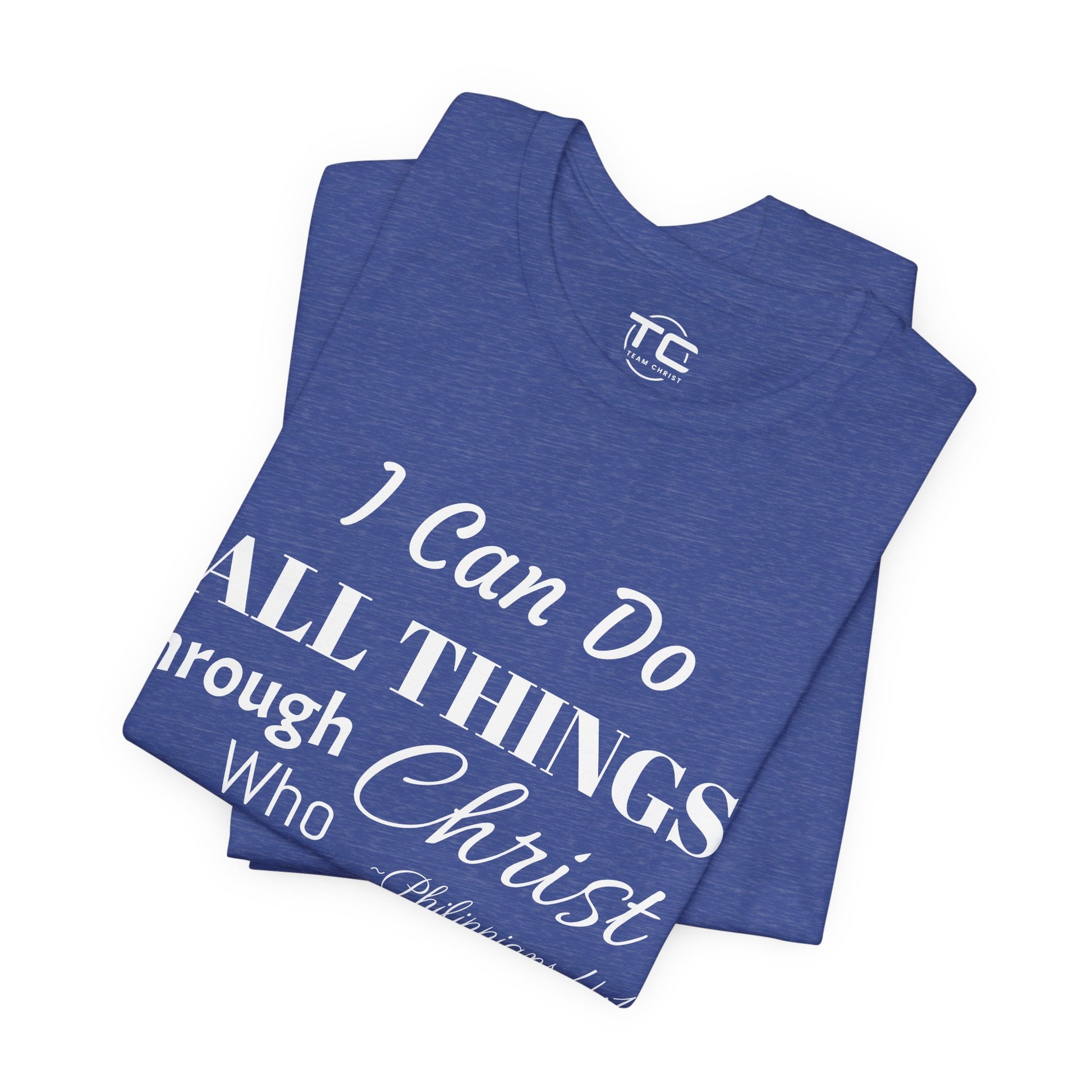 Heather Blue Christian themed shirt inspired by Philippians 4:13 featuring a stylish design, perfect for cool Christian tees collection. Folded front Image
