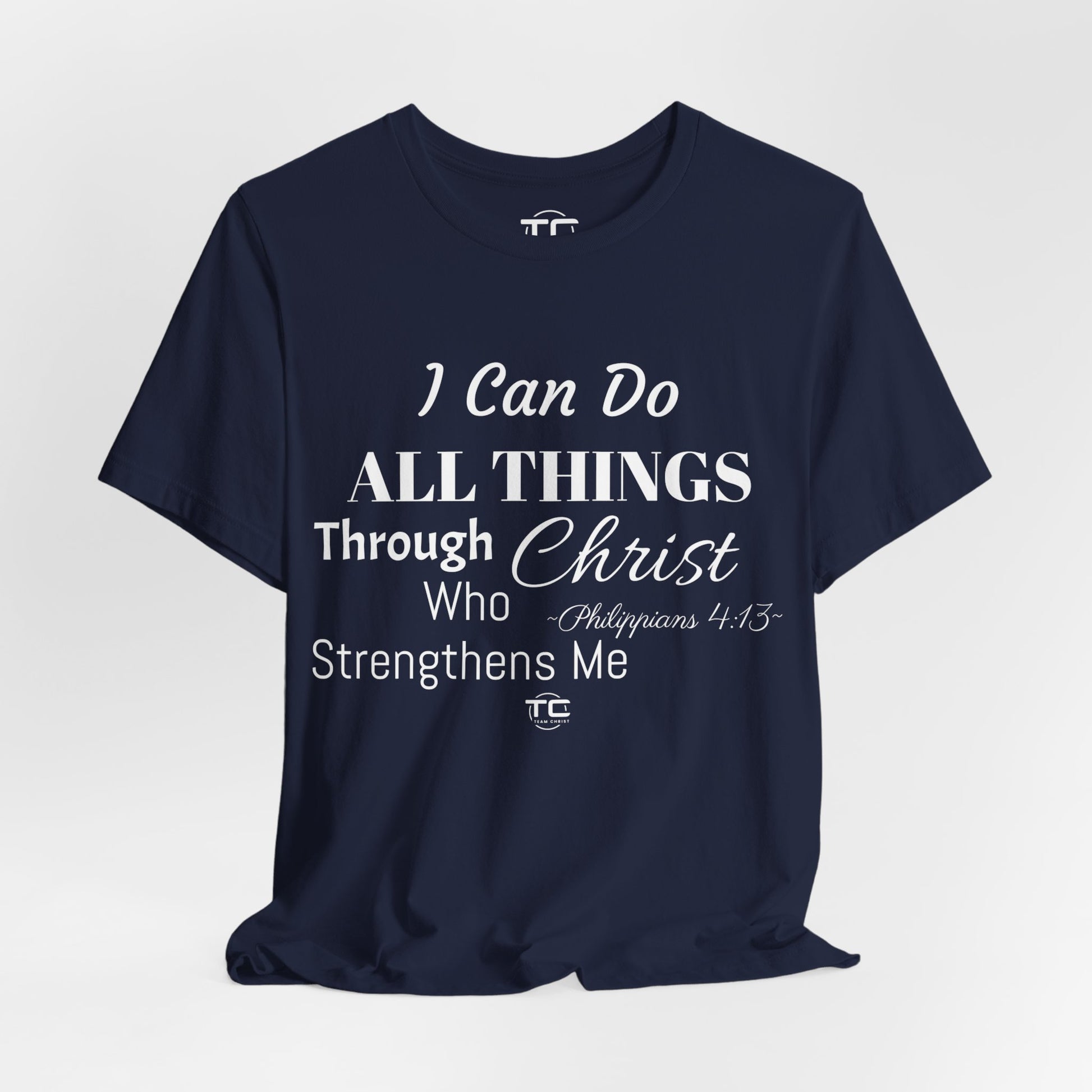 Navy Christian themed shirt inspired by Philippians 4:13 featuring a stylish design, perfect for cool Christian tees collection. Front Image