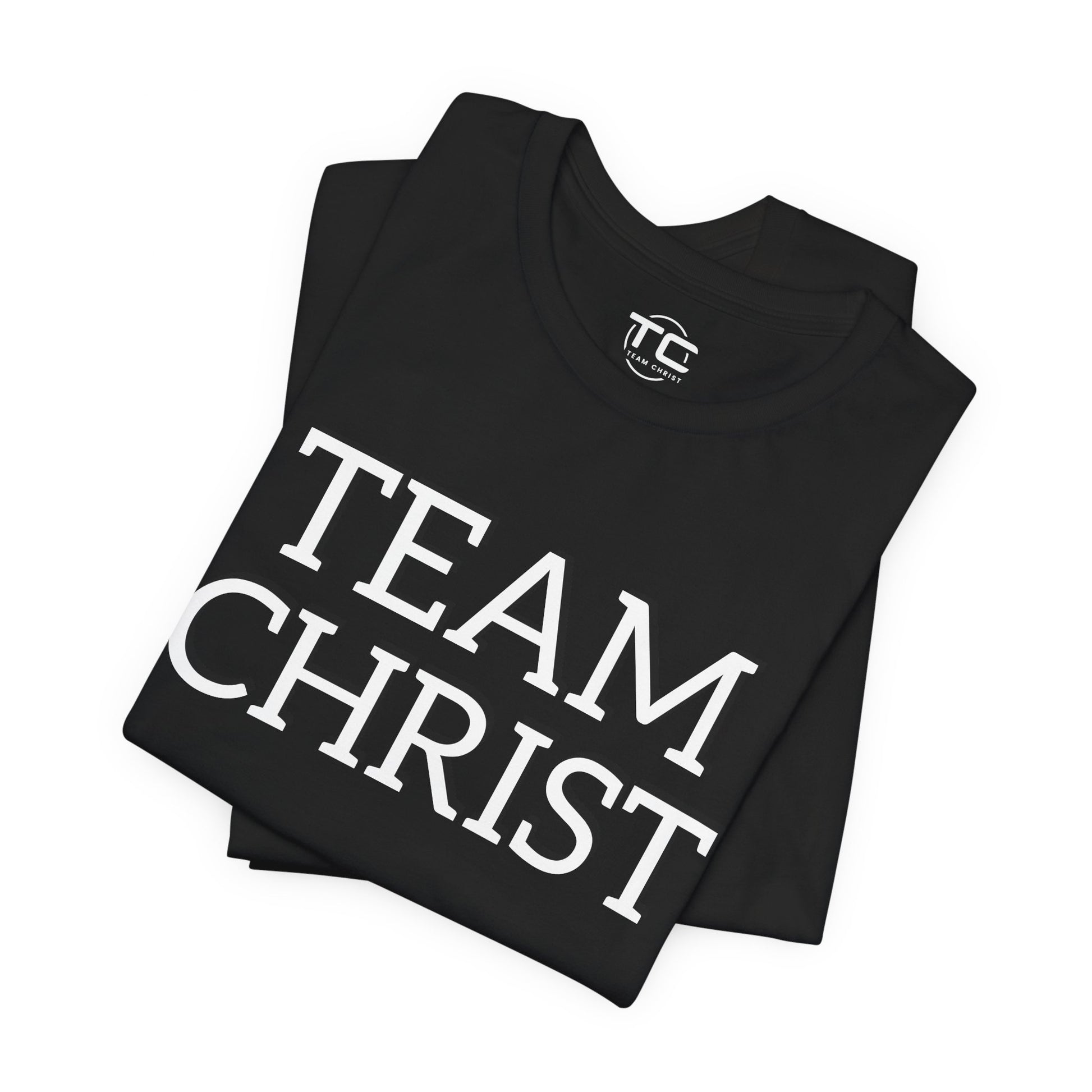 Black Christian themed shirt featuring a stylish design, perfect for cool Christian tees collection. Folded front Image