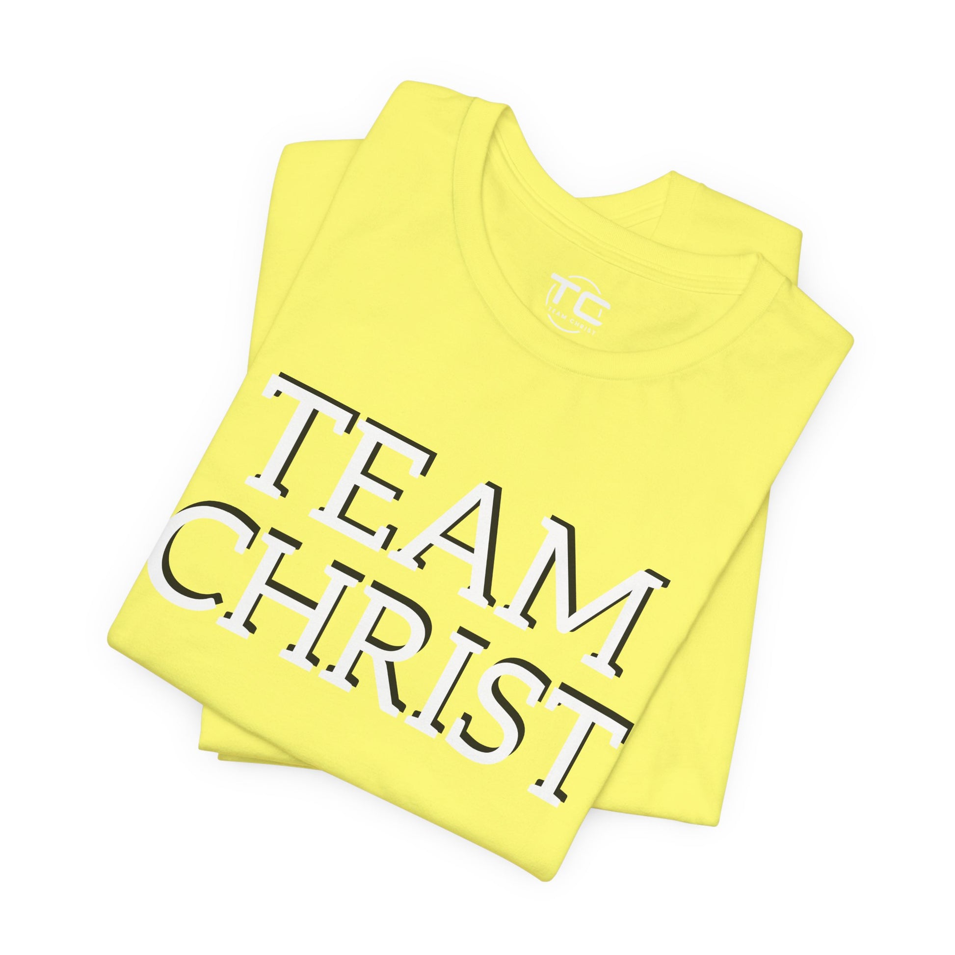 Yellow Christian themed shirt featuring a stylish design, perfect for cool Christian tees collection. Folded front Image