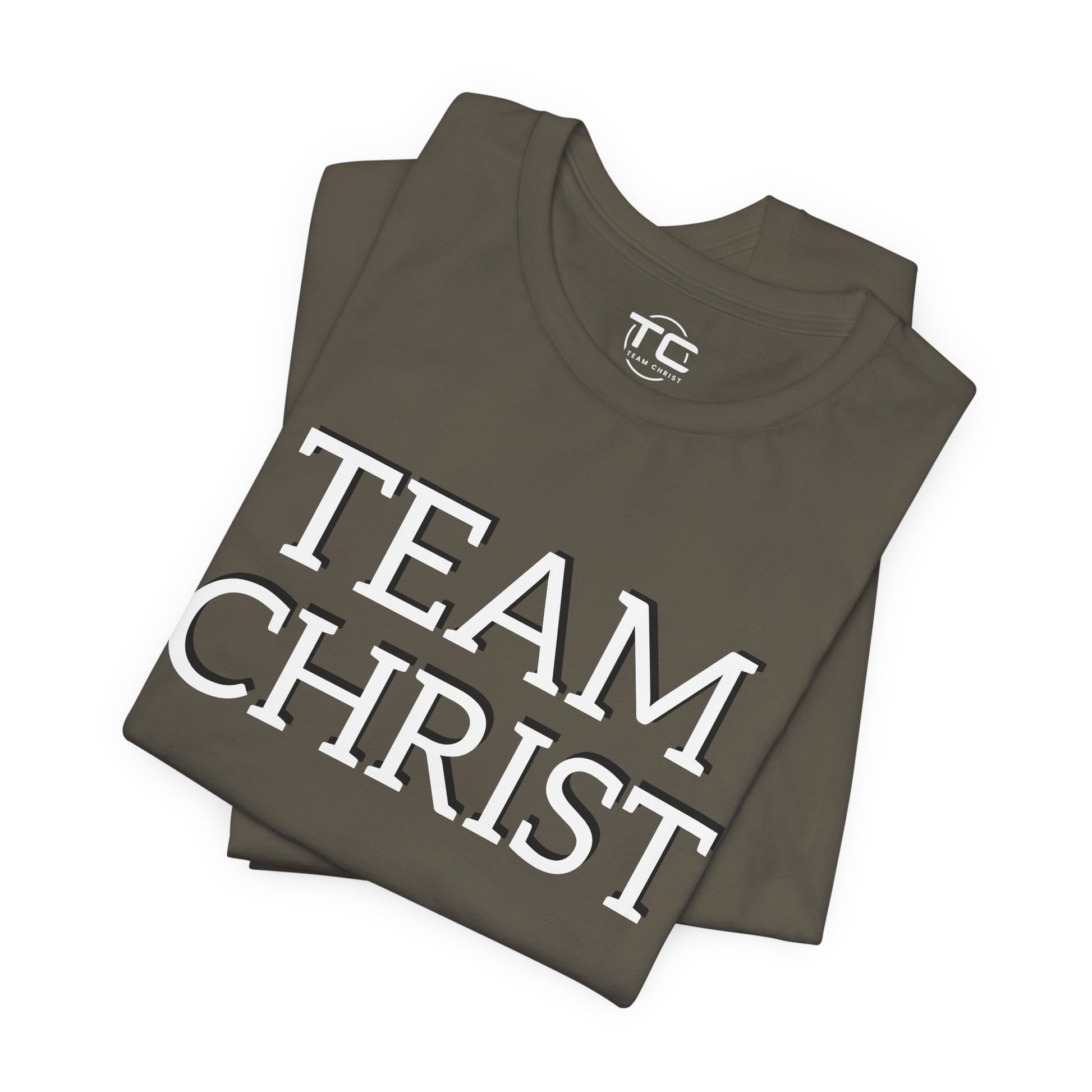 Army Green Christian themed shirt featuring a stylish design, perfect for cool Christian tees collection. Folded front Image