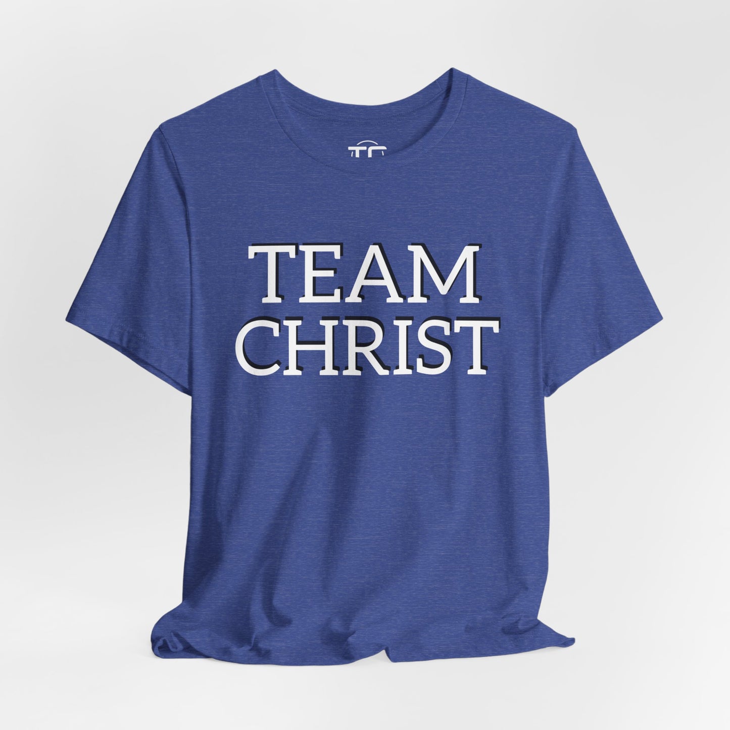 Blue Christian themed shirt featuring a stylish design, perfect for cool Christian tees collection. Front image