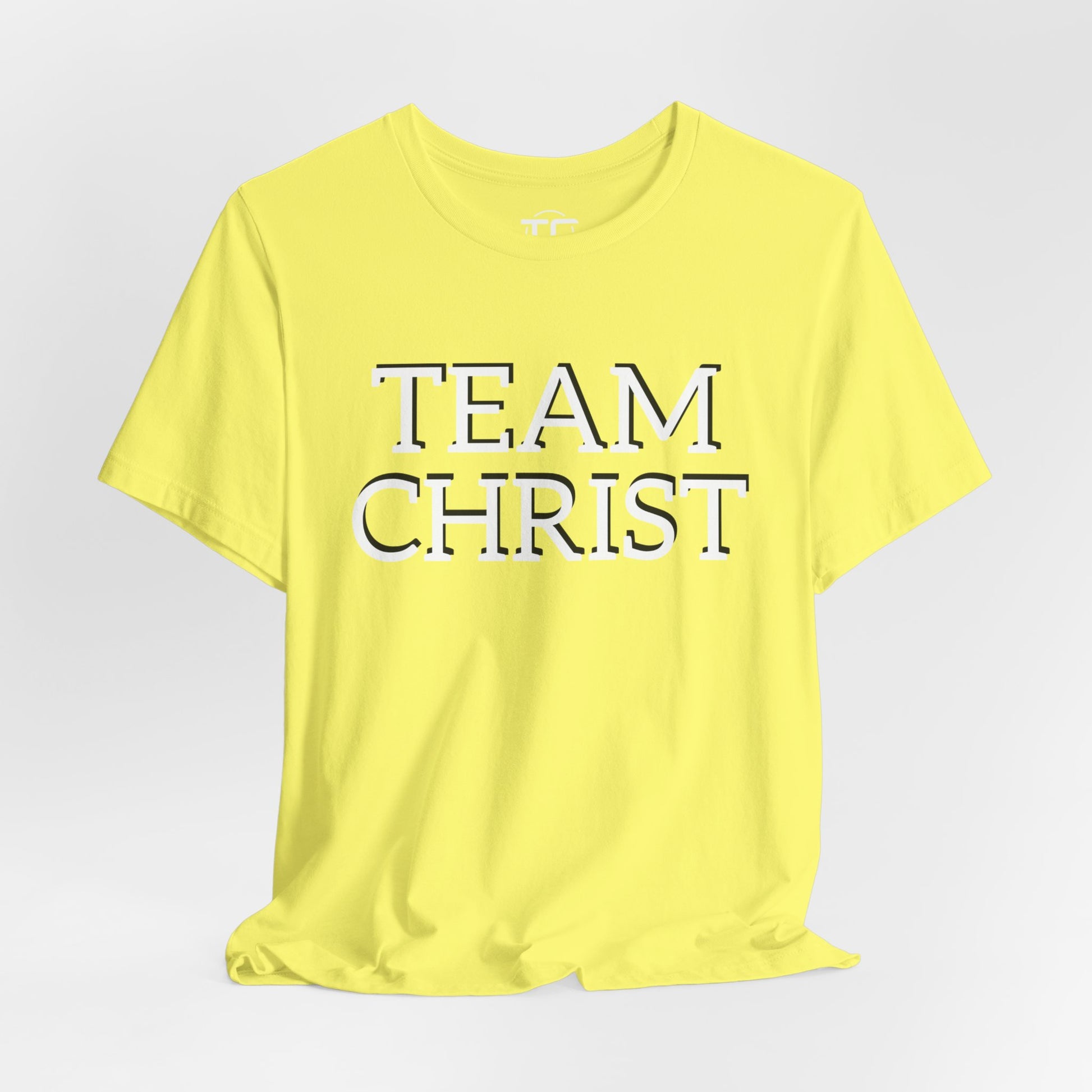 Yellow Christian themed shirt featuring a stylish design, perfect for cool Christian tees collection. Front Image