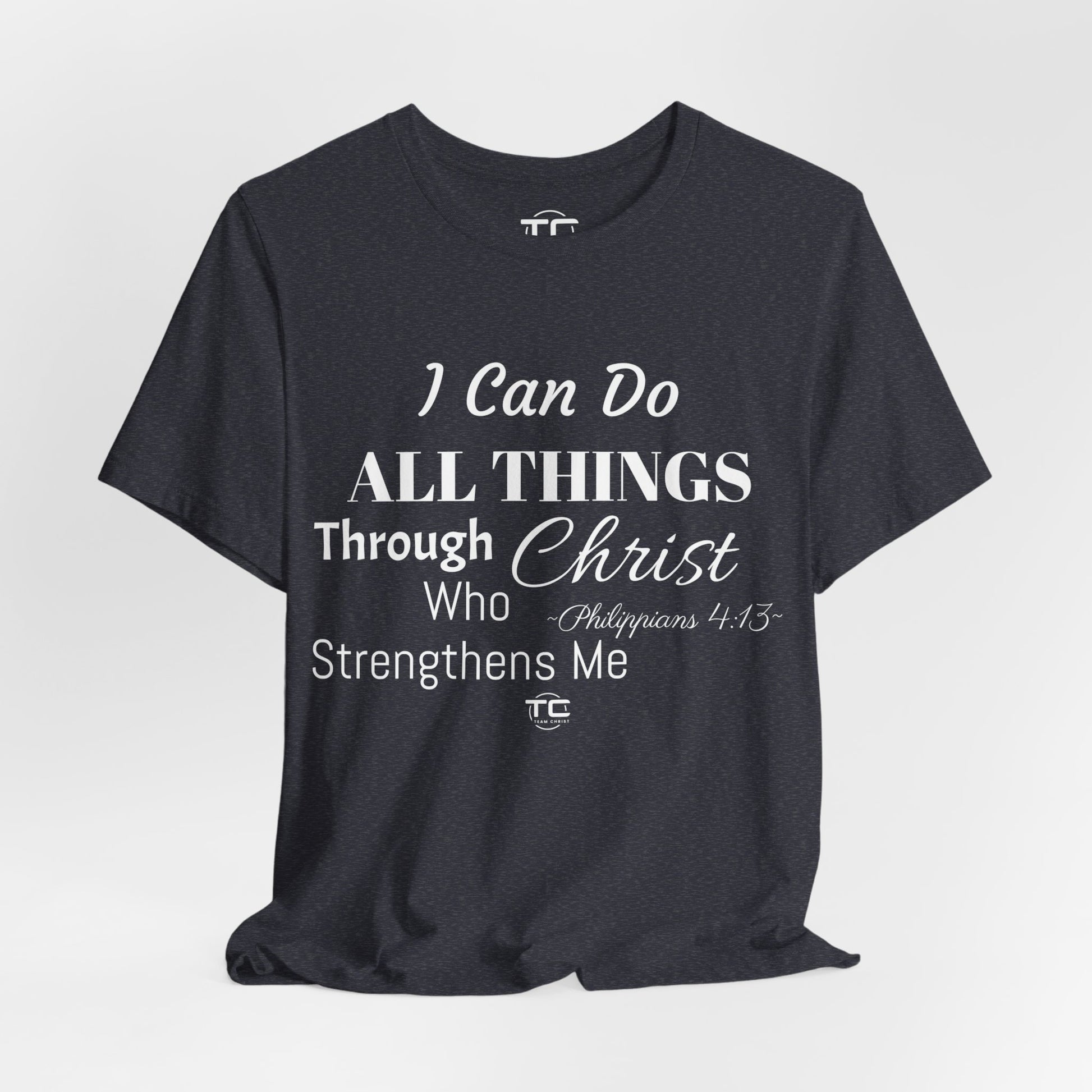 Heather Navy Christian themed shirt inspired by Philippians 4:13 featuring a stylish design, perfect for cool Christian tees collection. Front Image
