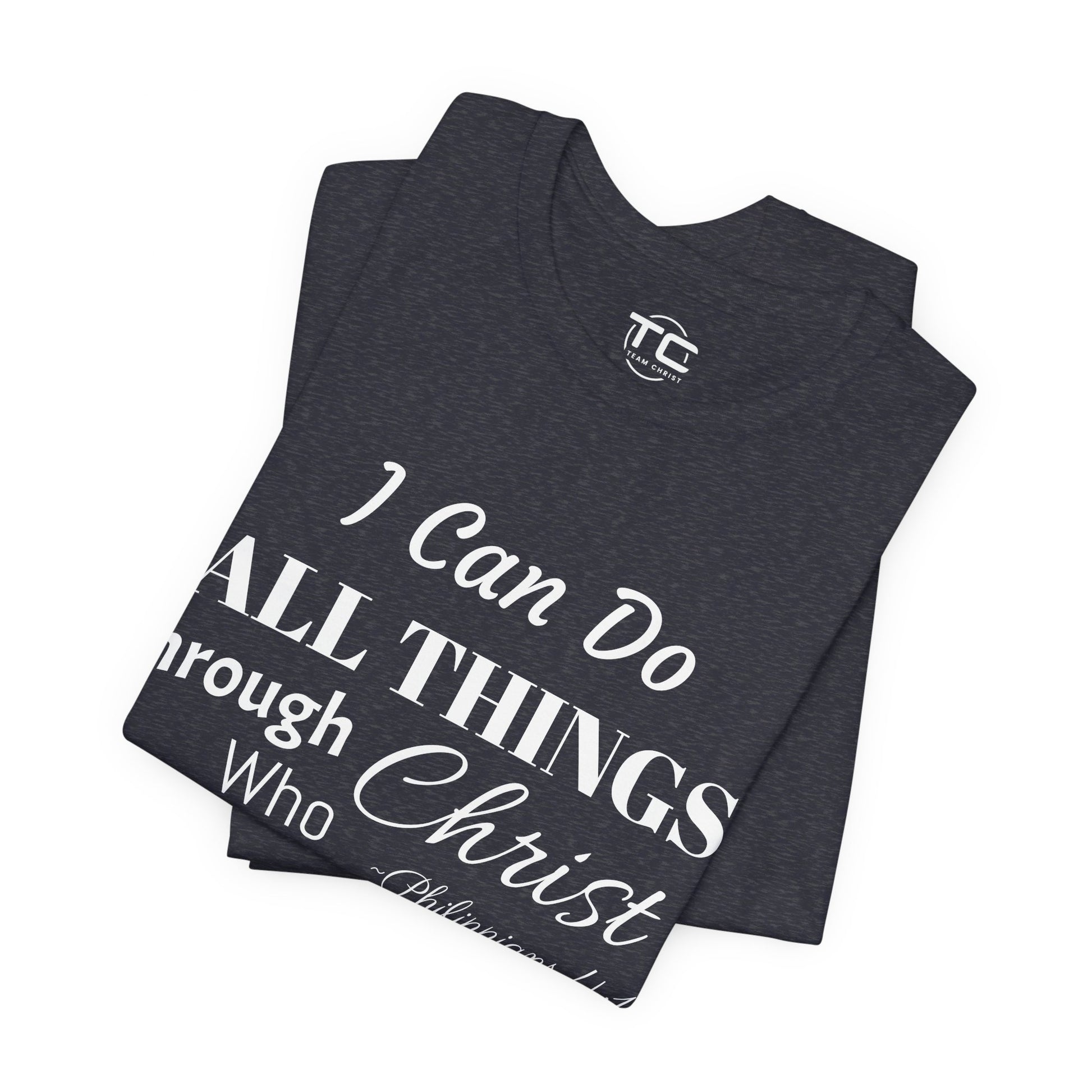 Heather Navy Christian themed shirt inspired by Philippians 4:13 featuring a stylish design, perfect for cool Christian tees collection. Folded front Image