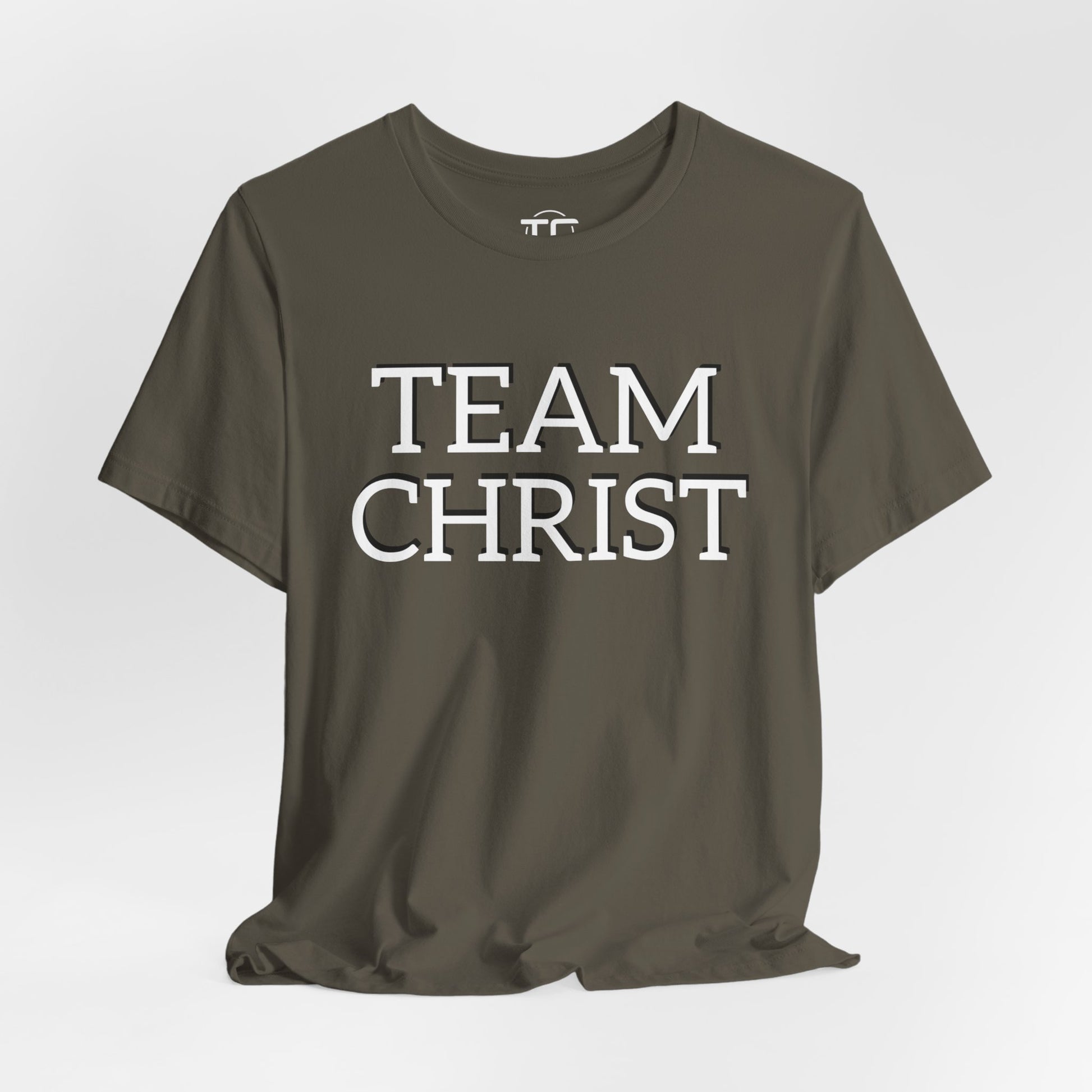 Army Green Christian themed shirt featuring a stylish design, perfect for cool Christian tees collection. Front Image