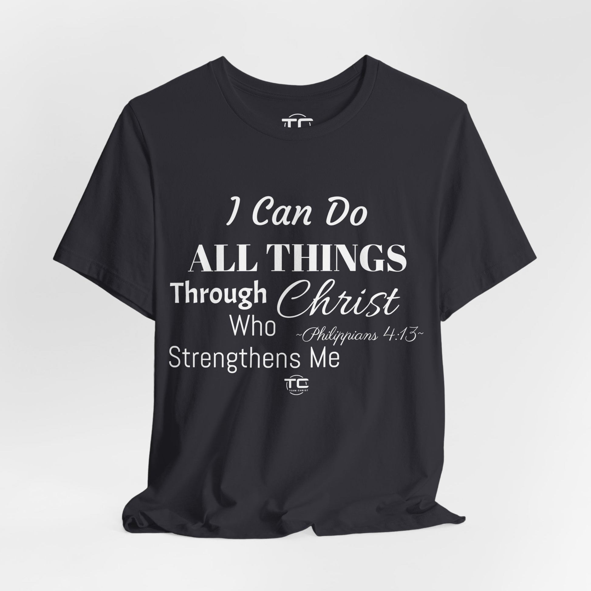 Dark Grey Christian themed shirt inspired by Philippians 4:13 featuring a stylish design, perfect for cool Christian tees collection. Front Image