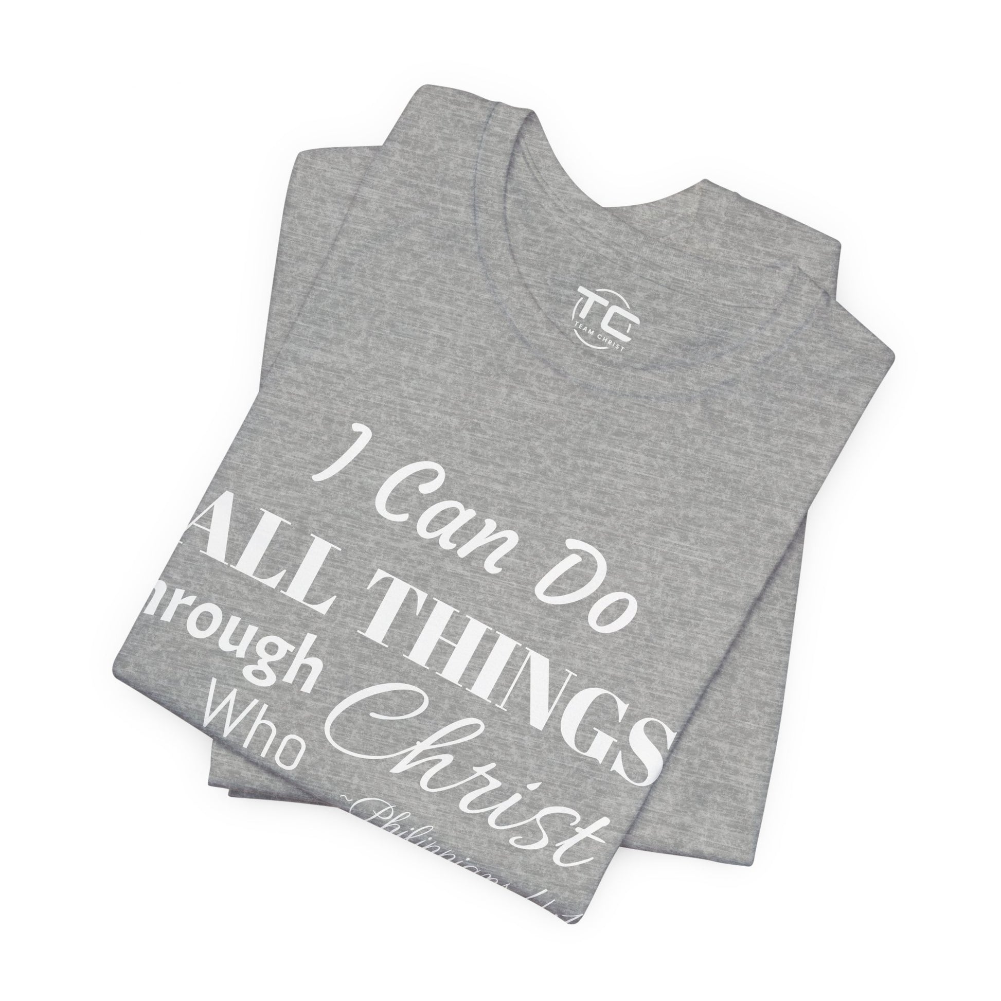 Grey Christian themed shirt inspired by Philippians 4:13 featuring a stylish design, perfect for cool Christian tees collection. Folded front Image