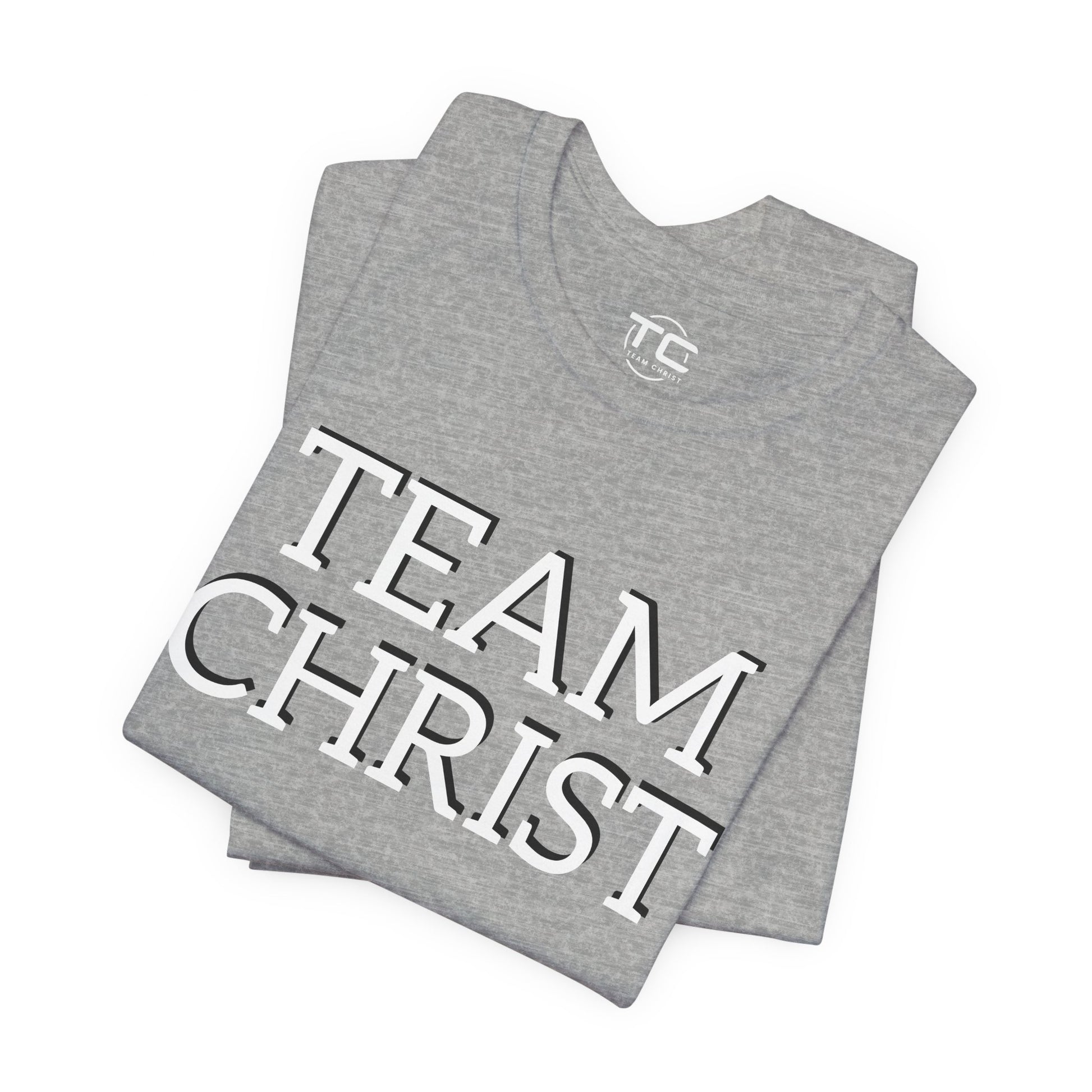 Grey Christian themed shirt featuring a stylish design, perfect for cool Christian tees collection. Folded front Image