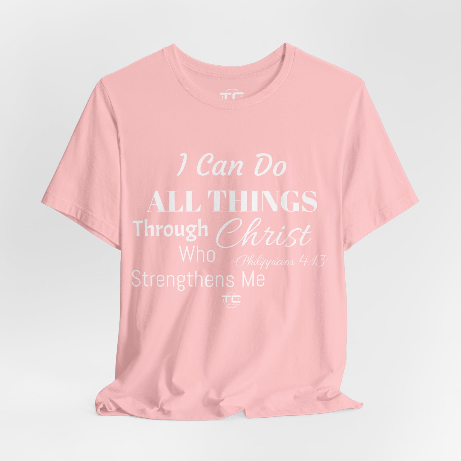 Pink Christian themed shirt inspired by Philippians 4:13 featuring a stylish design, perfect for cool Christian tees collection. Front Image