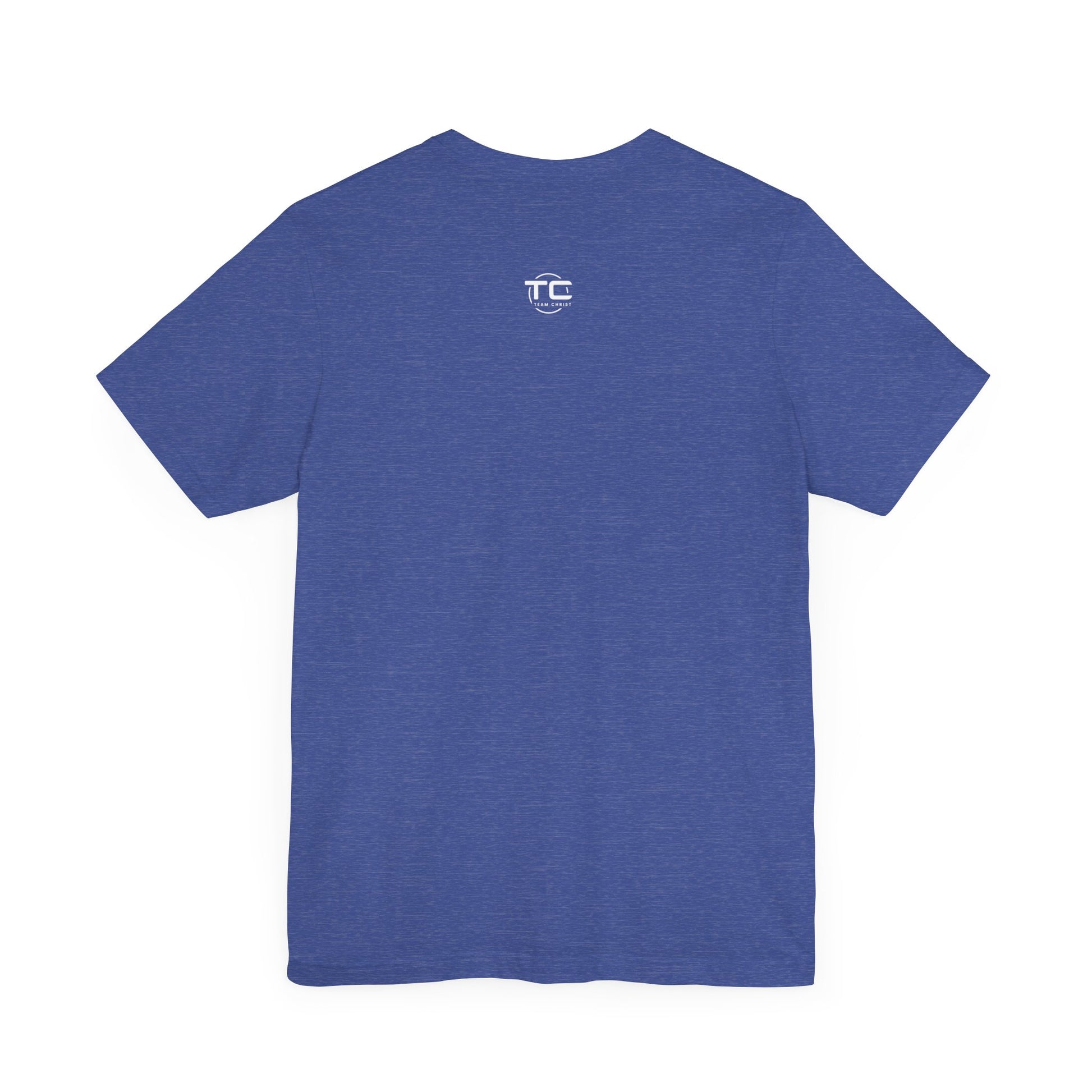 Blue Christian themed shirt featuring a stylish design, perfect for cool Christian tees collection. Back Image