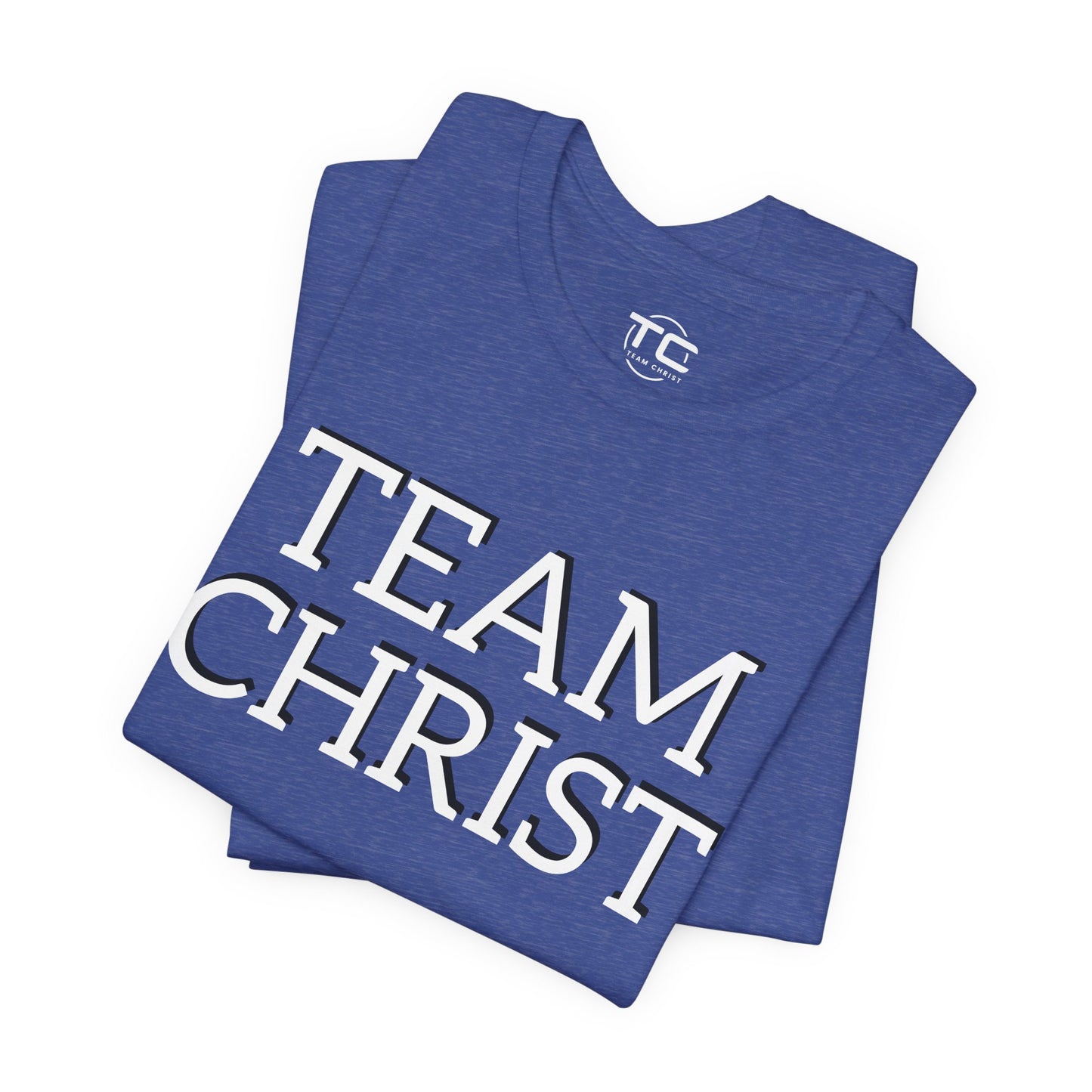 Blue Christian themed shirt featuring a stylish design, perfect for cool Christian tees collection. Folded front Image
