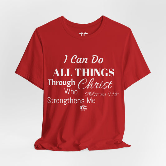 Red Christian themed shirt inspired by Philippians 4:13 featuring a stylish design, perfect for cool Christian tees collection. Front Image