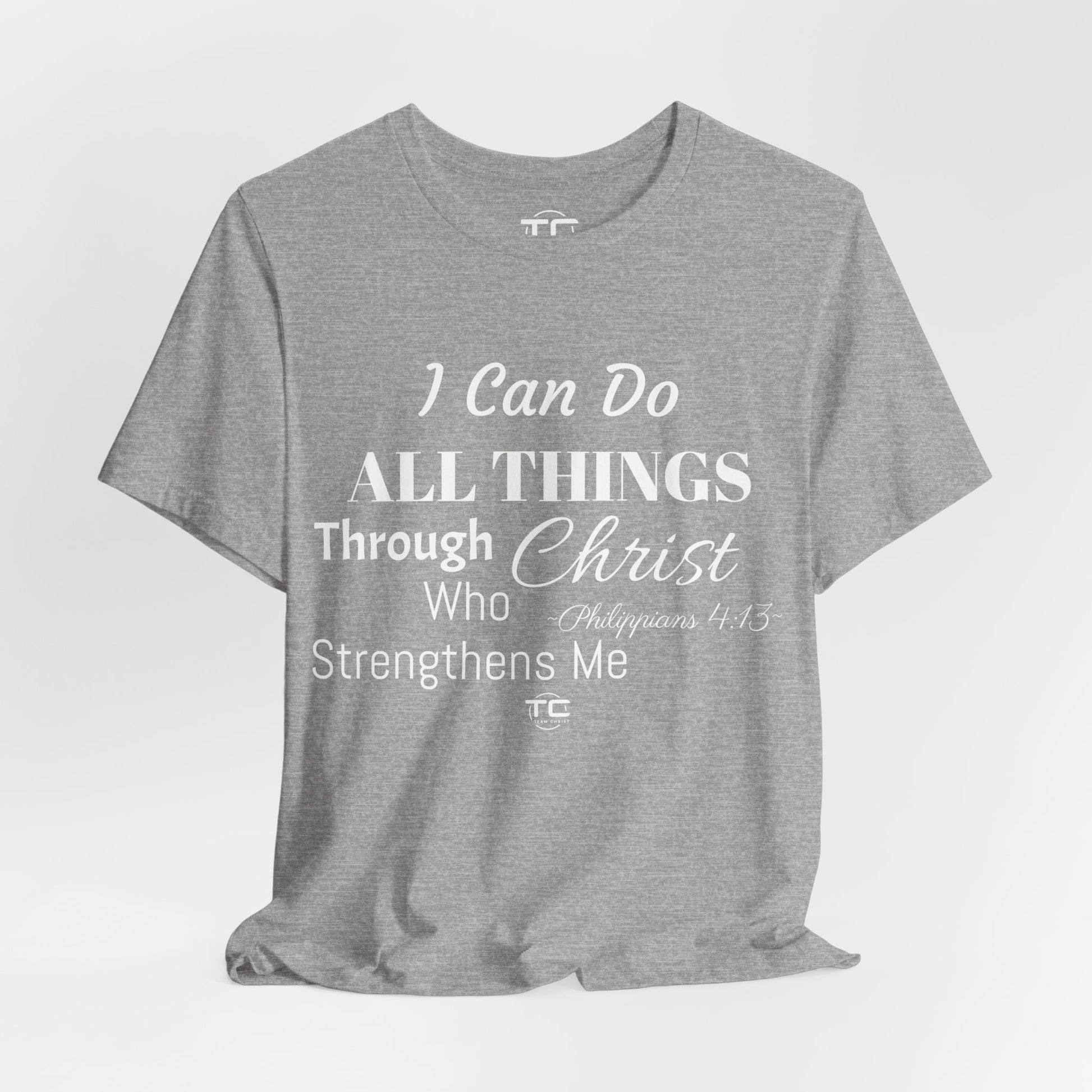 Grey Christian themed shirt inspired by Philippians 4:13 featuring a stylish design, perfect for cool Christian tees collection. Front Image