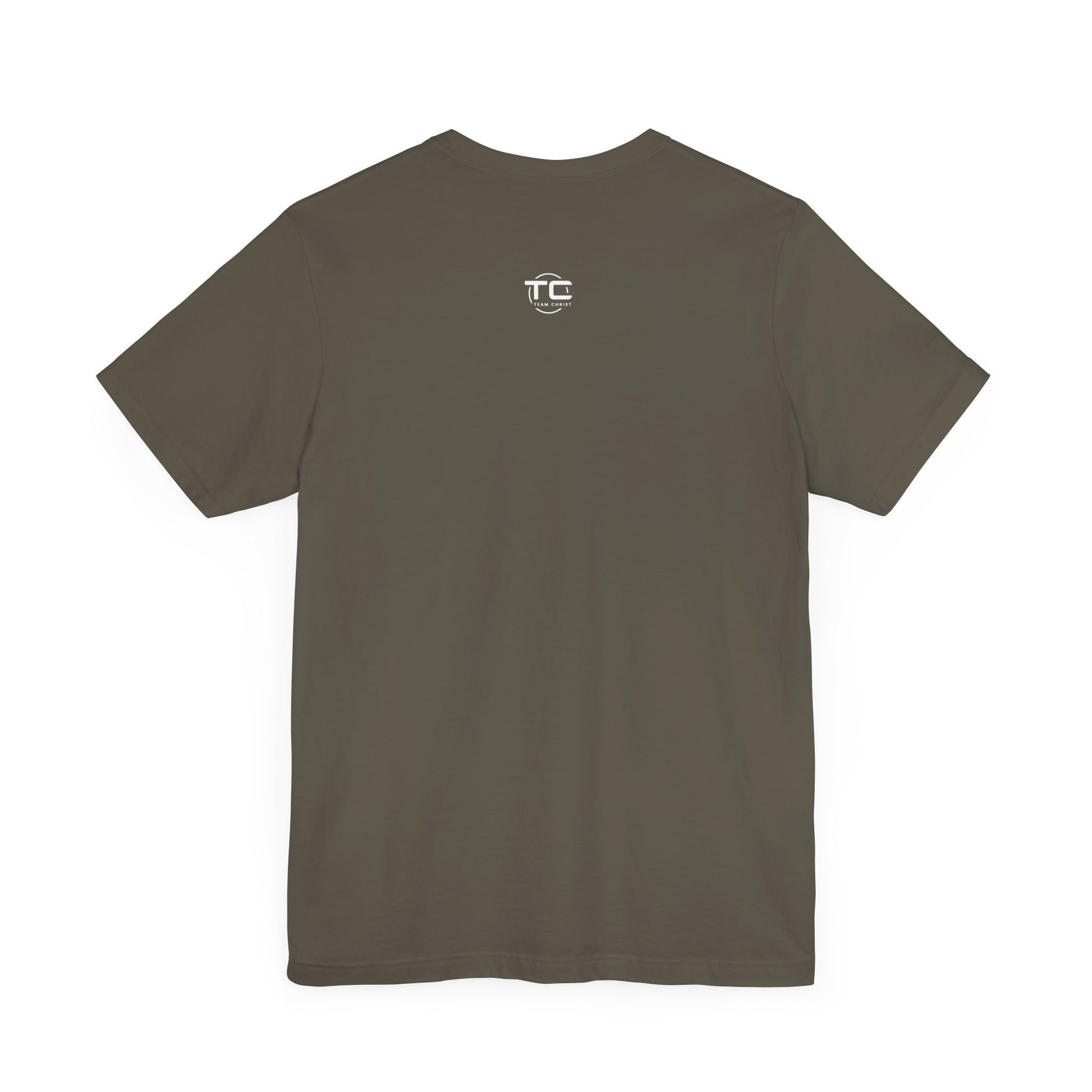 Army Green Christian themed shirt featuring a stylish design, perfect for cool Christian tees collection. Back Image