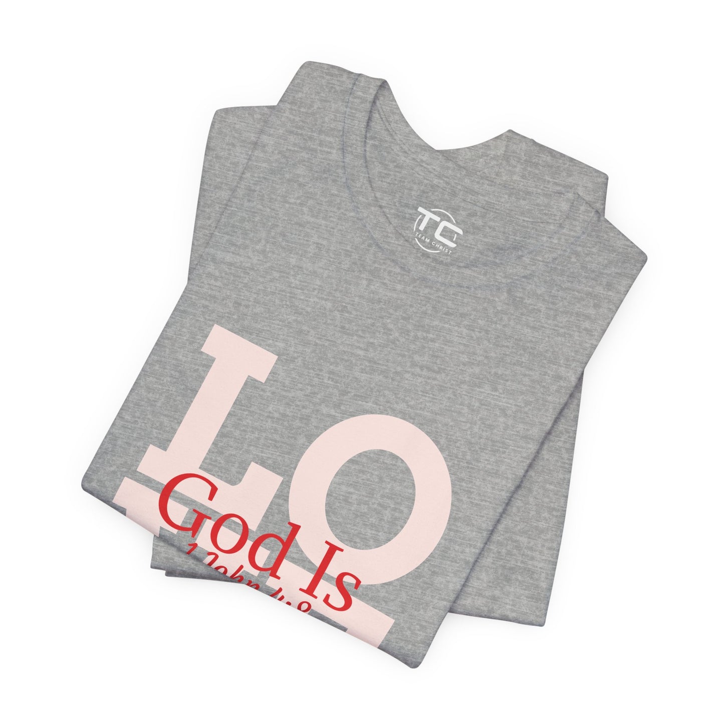 Grey Christian themed shirt inspired by 1 John 4:8 featuring a stylish design, perfect for cool Christian tees collection. Front folded Image