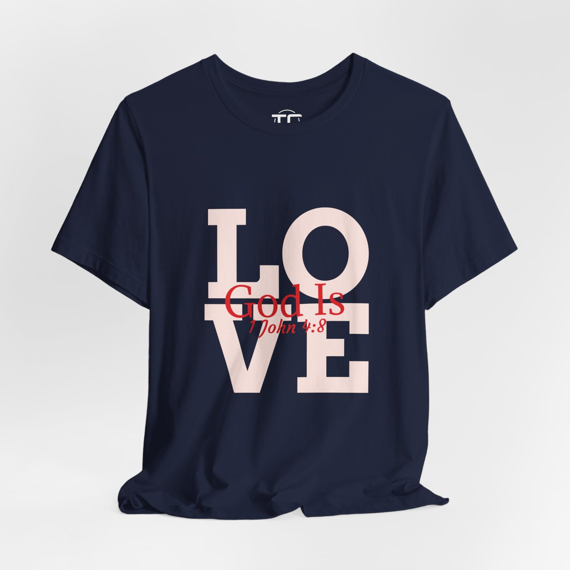 Navy Christian themed shirt inspired by 1 John 4:8 featuring a stylish design, perfect for cool Christian tees collection. Front Image