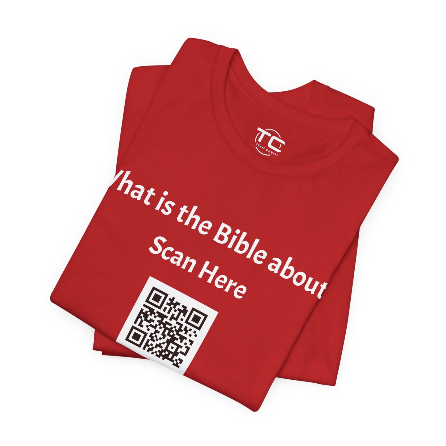 Red tee shirt with a QR Code linking to a Christian blog "What is the Bible about"?, perfect for sharing biblical blog content. Front folded Image