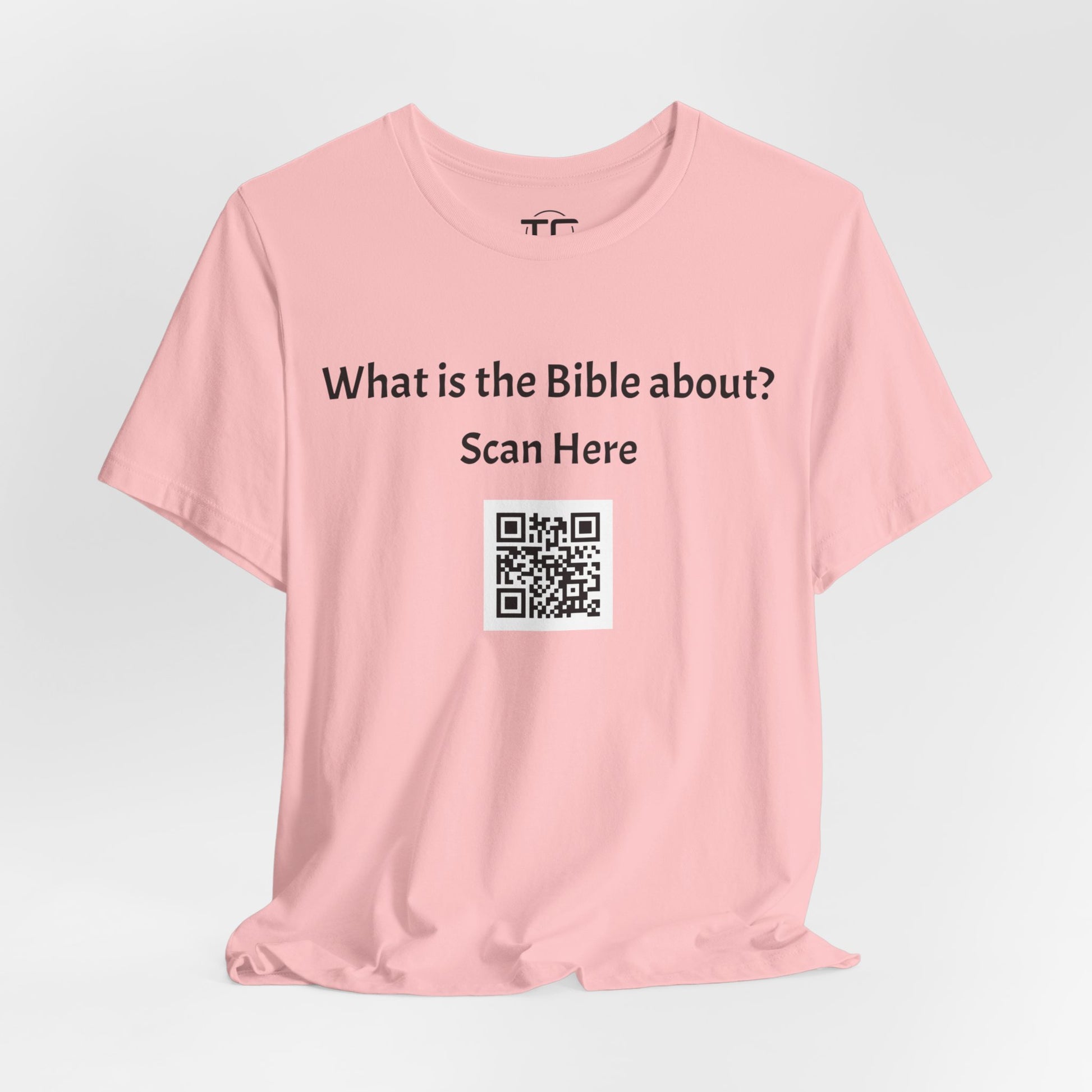 Pink tee shirt with a QR Code linking to a Christian blog "What is the Bible about"?, perfect for sharing biblical blog content. Front Image