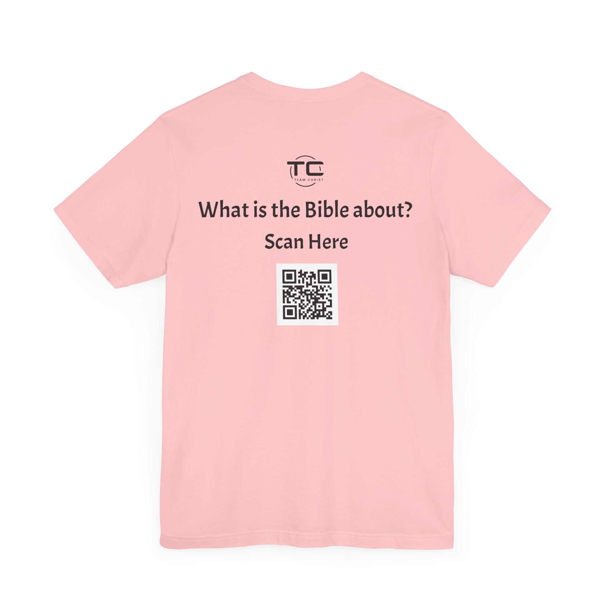 Pink tee shirt with a QR Code linking to a Christian blog "What is the Bible about"?, perfect for sharing biblical blog content. Back Image