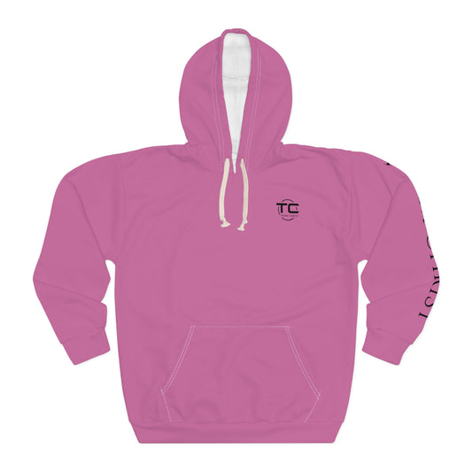Pink Team Christ Christian hoodie with writing on the left sleeve, ideal for expressing faith and style in a godly hoodie. Front image.