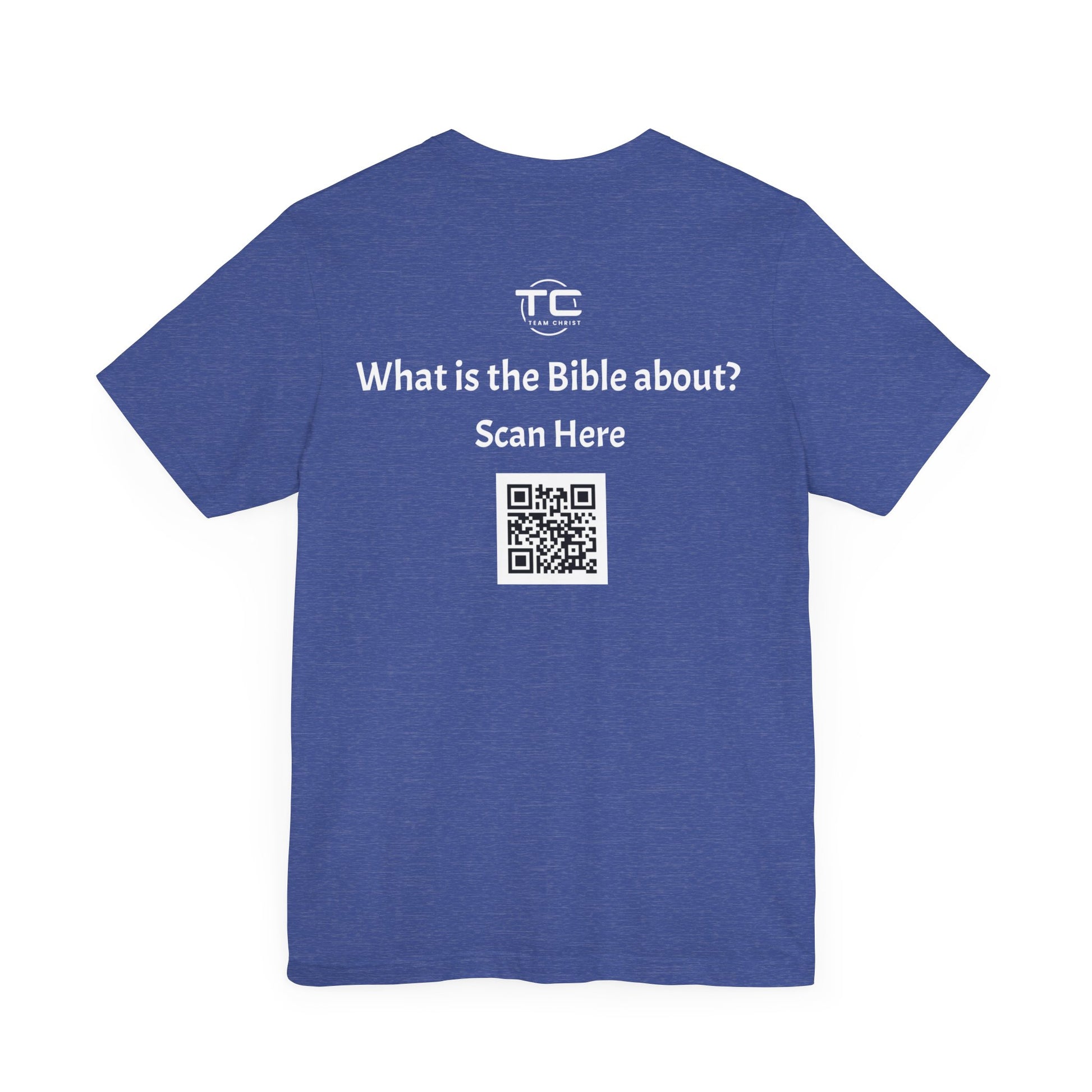 Heather Blue tee shirt with a QR Code linking to a Christian blog "What is the Bible about"?, perfect for sharing biblical blog content. Back Image