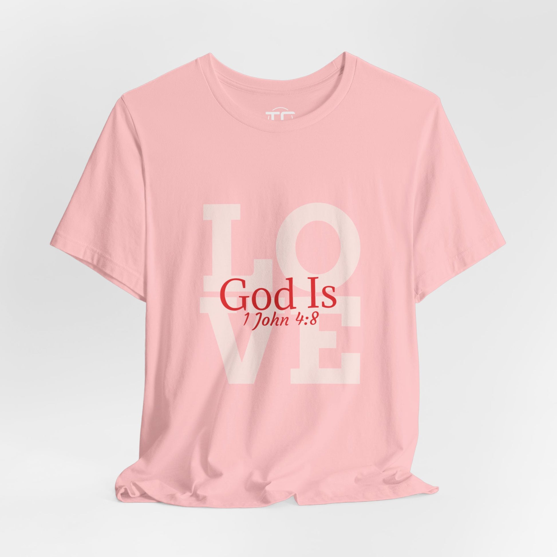 Pink Christian themed shirt inspired by 1 John 4:8 featuring a stylish design, perfect for cool Christian tees collection. Front Image