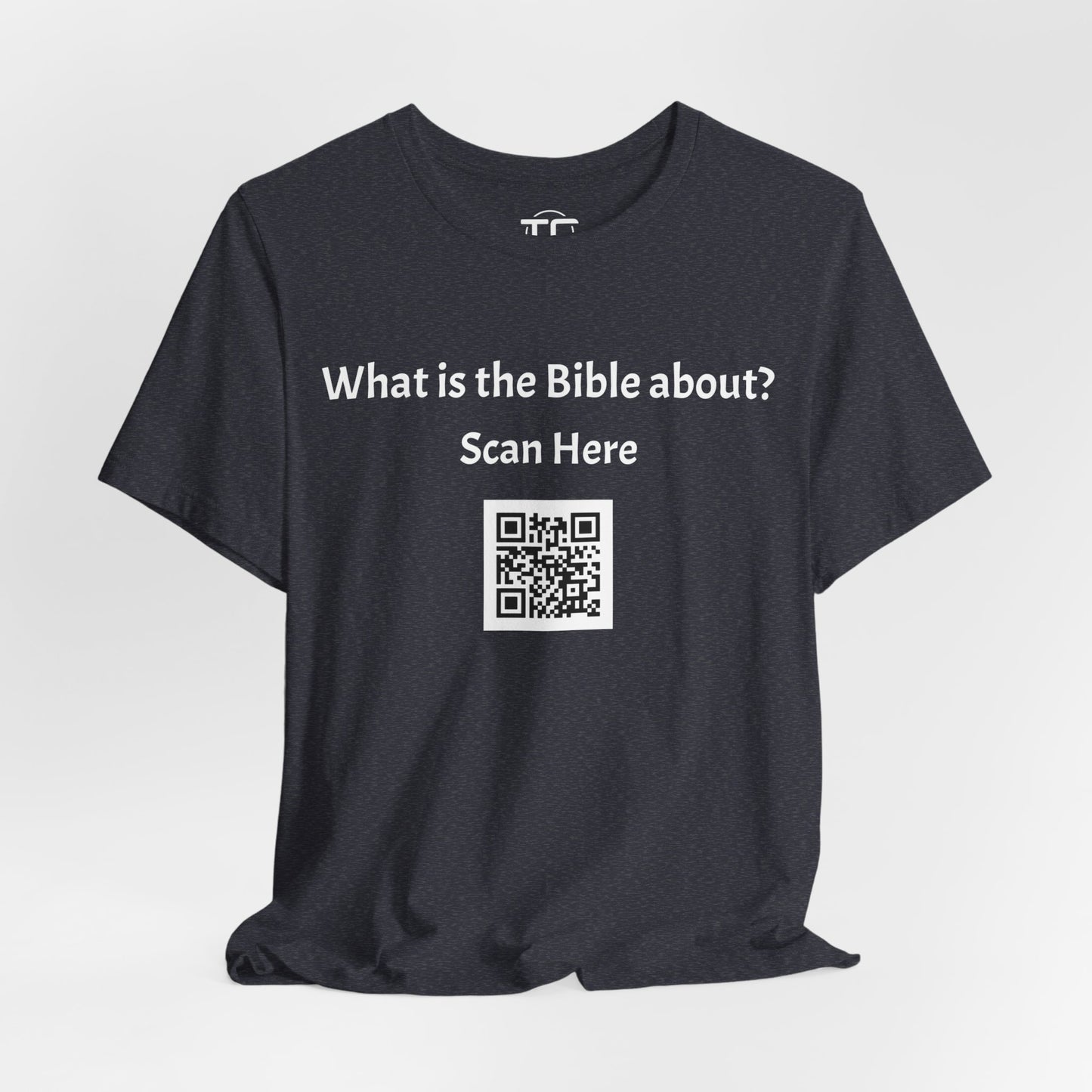 Heather Navy tee shirt with a QR Code linking to a Christian blog "What is the Bible about"?, perfect for sharing biblical blog content. Front Image