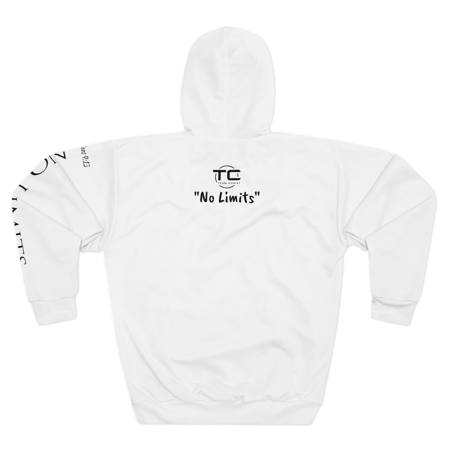 White No Limits Christian hoodie with writing on the left sleeve, ideal for expressing faith and style in a godly hoodie. Back image.