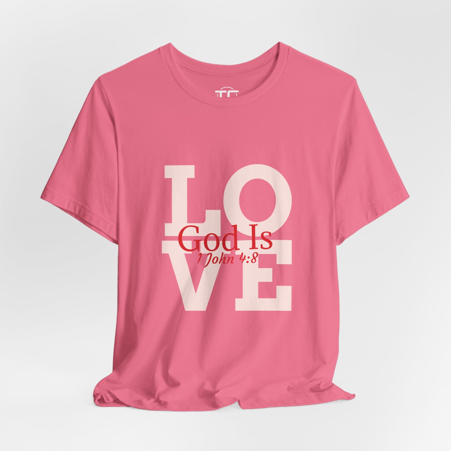 Charity Pink Christian themed shirt inspired by 1 John 4:8 featuring a stylish design, perfect for cool Christian tees collection. Front Image