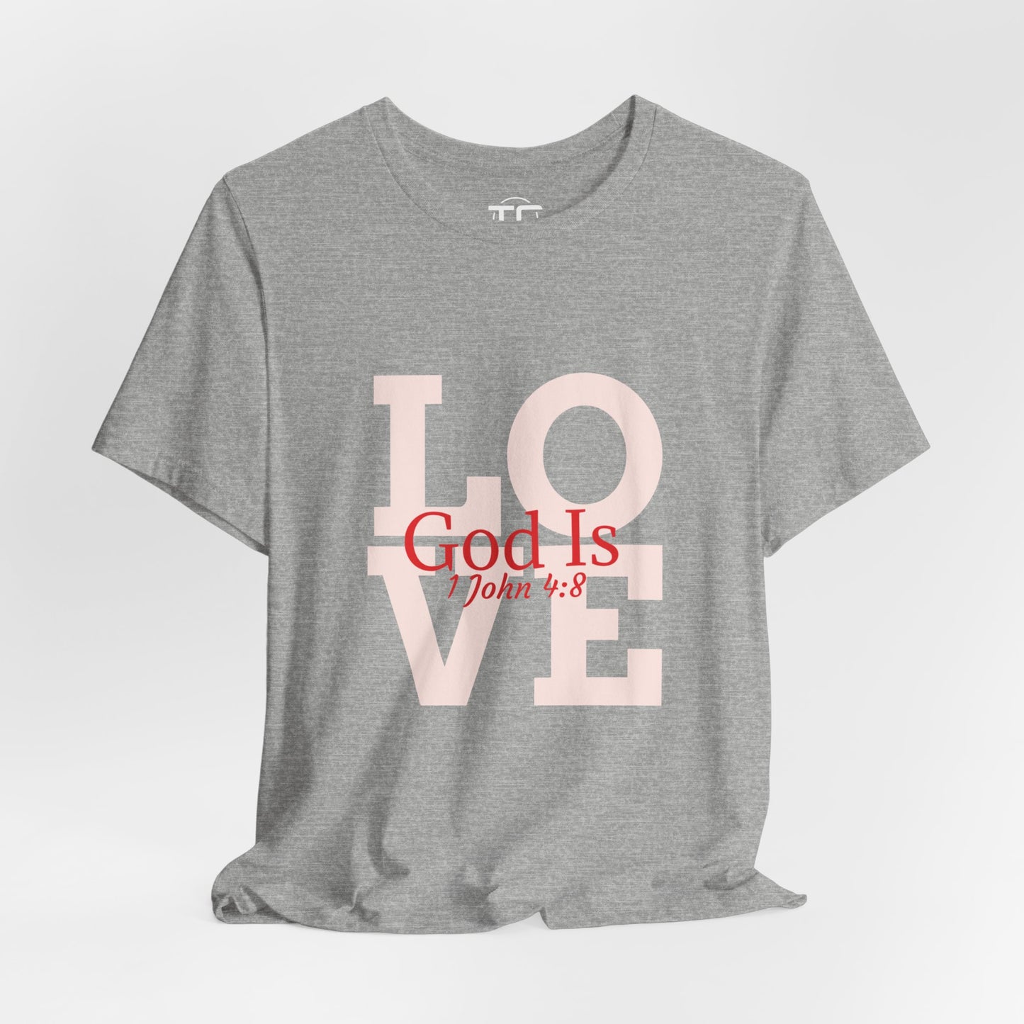 Grey Christian themed shirt inspired by 1 John 4:8 featuring a stylish design, perfect for cool Christian tees collection. Front Image