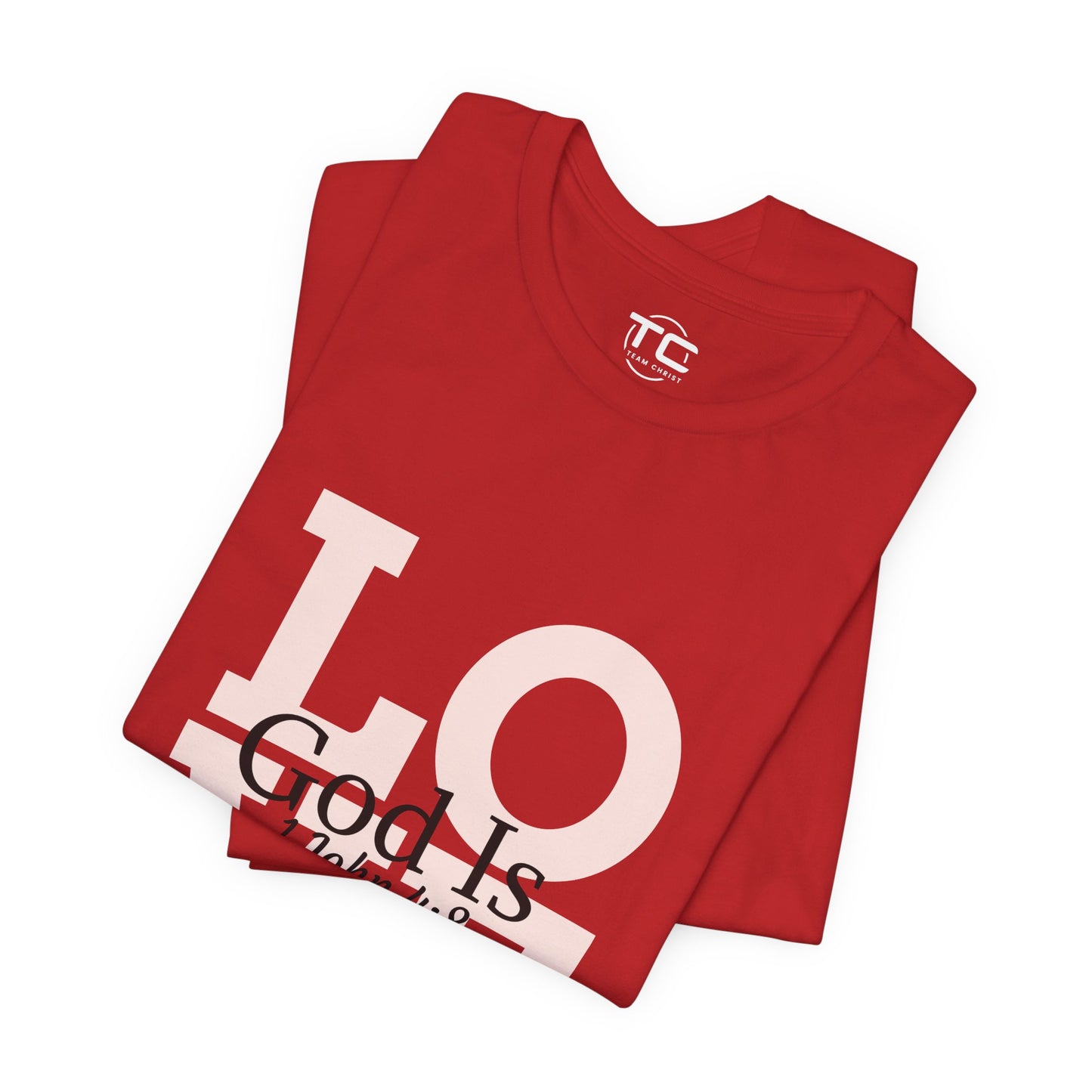 Red Christian themed shirt inspired by 1 John 4:8 featuring a stylish design, perfect for cool Christian tees collection. Front folded Image