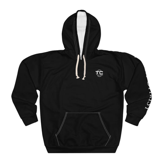Black Team Christ Christian hoodie with writing on the left sleeve, ideal for expressing faith and style in a godly hoodie. Front image.