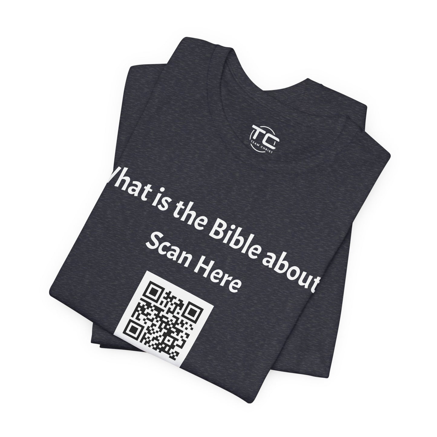 Heather Navy tee shirt with a QR Code linking to a Christian blog "What is the Bible about"?, perfect for sharing biblical blog content. Front folded Image