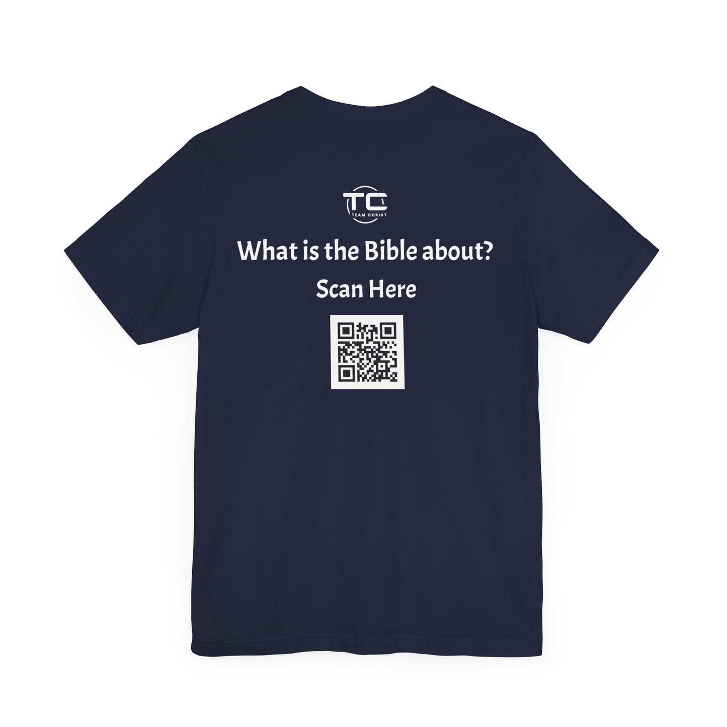 Navy tee shirt with a QR Code linking to a Christian blog "What is the Bible about"?, perfect for sharing biblical blog content. Back Image