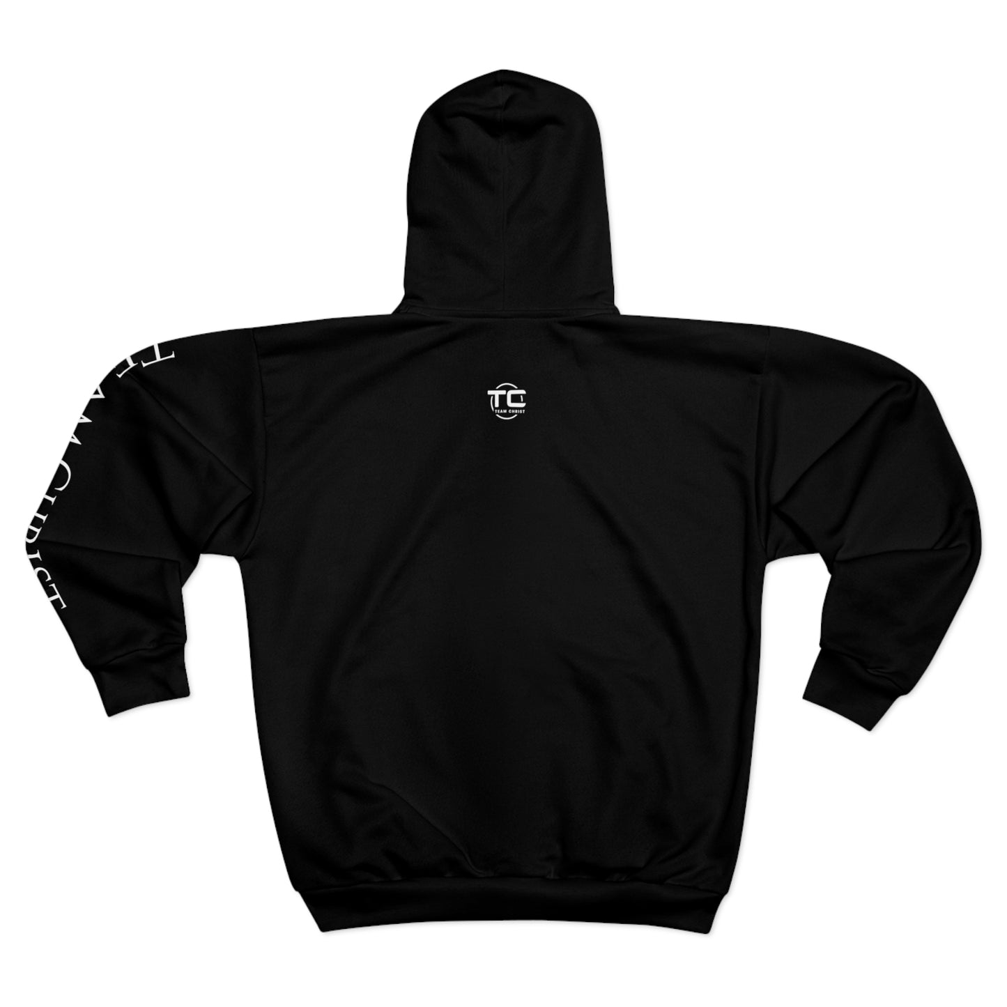 Black Team Christ Christian Zip hoodie with writing on the left sleeve, ideal for expressing faith and style in a godly hoodie. Back Image