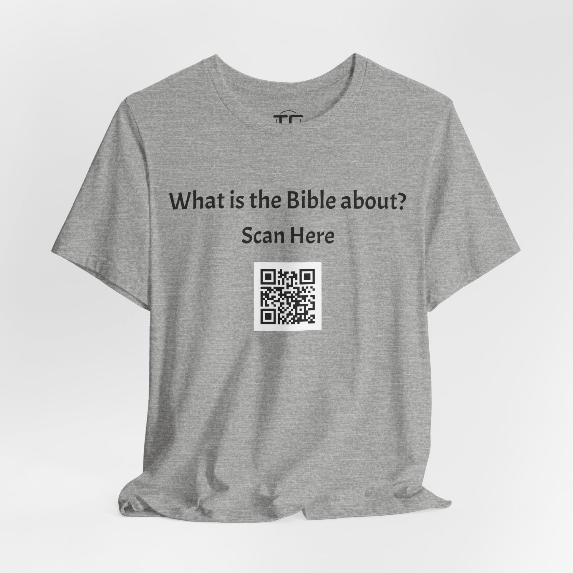 Grey tee shirt with a QR Code linking to a Christian blog "What is the Bible about"?, perfect for sharing biblical blog content. Front Image