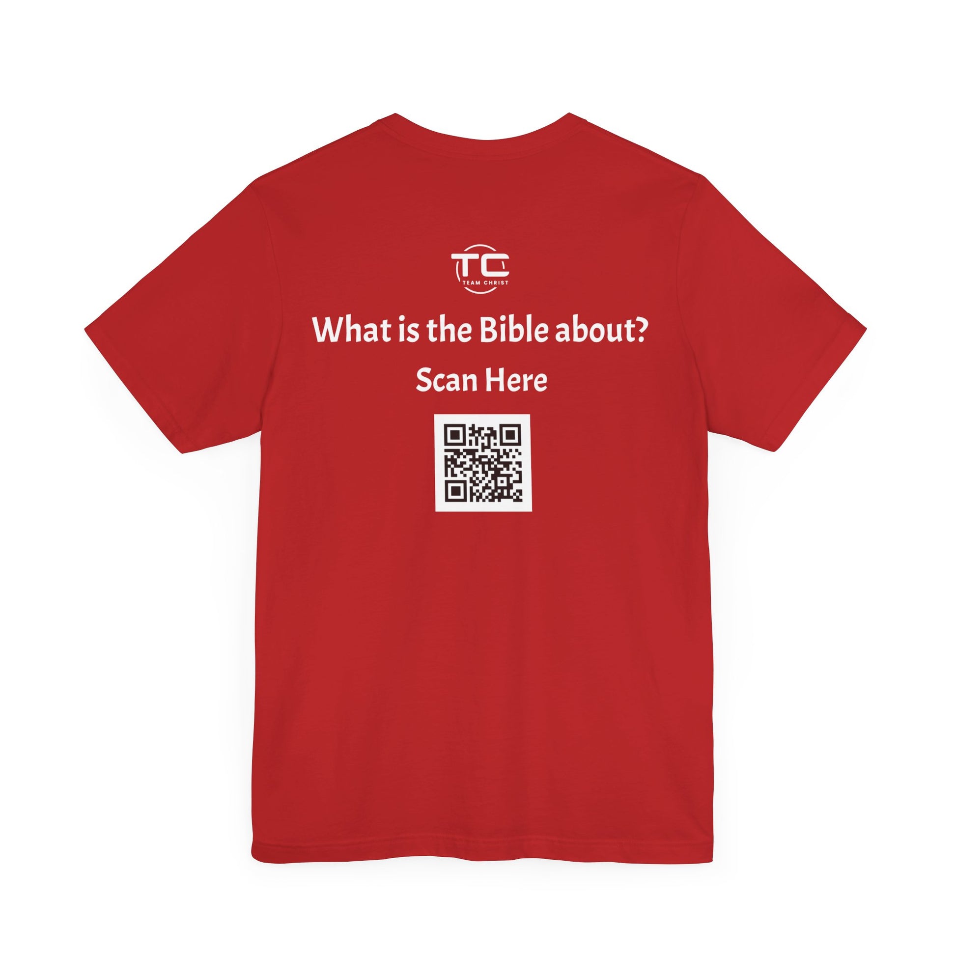 Red tee shirt with a QR Code linking to a Christian blog "What is the Bible about"?, perfect for sharing biblical blog content. Back Image