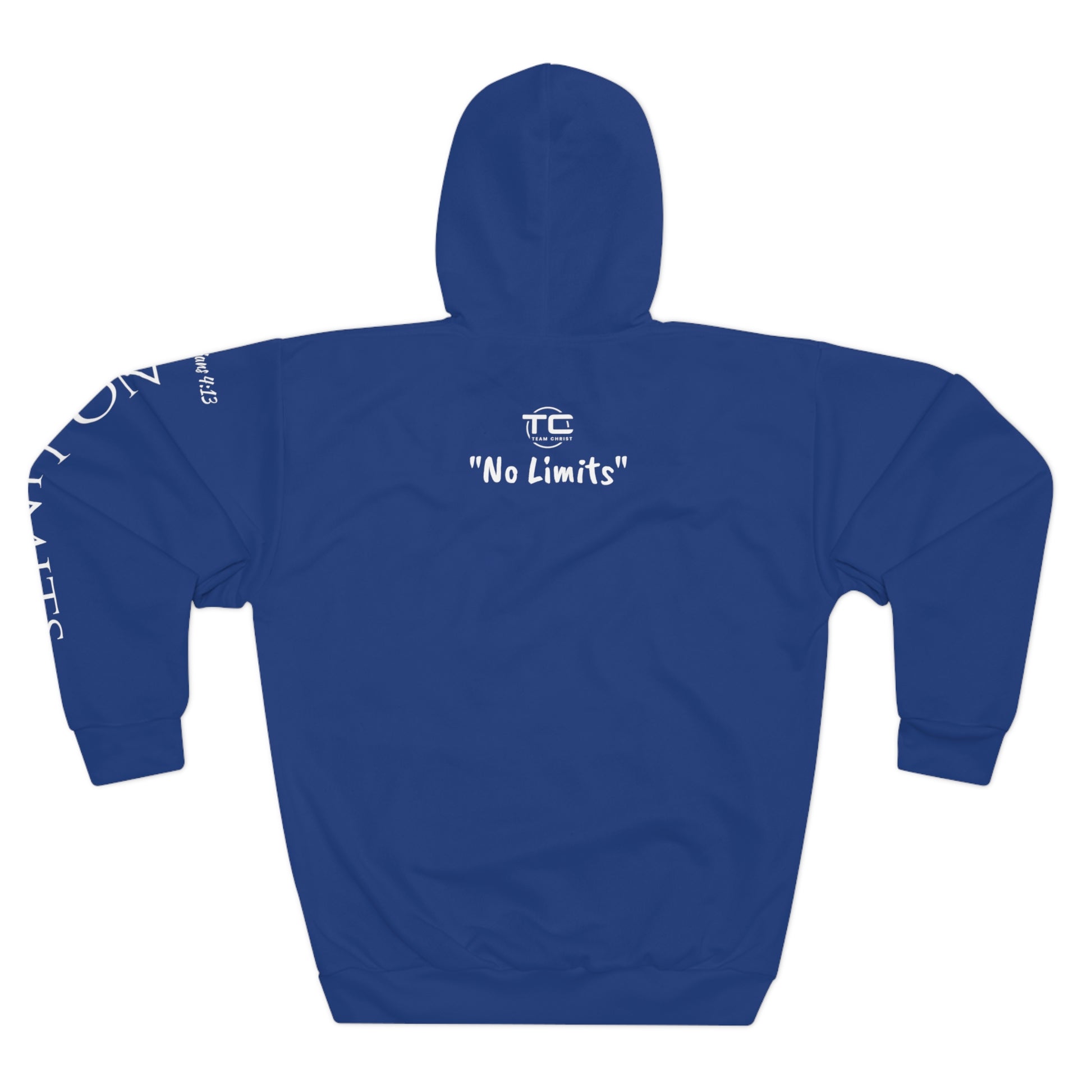 Blue No Limits Christian hoodie with writing on the left sleeve, ideal for expressing faith and style in a godly hoodie. back image.