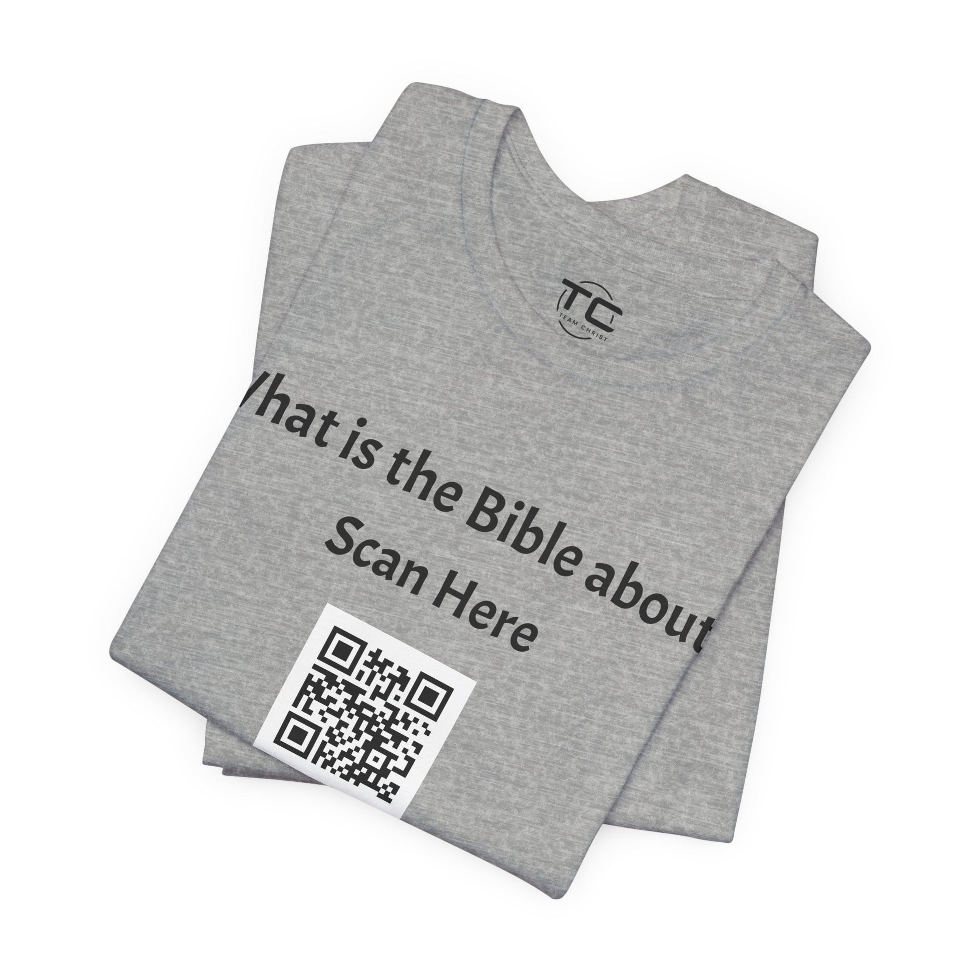 Grey tee shirt with a QR Code linking to a Christian blog "What is the Bible about"?, perfect for sharing biblical blog content. Front folded Image