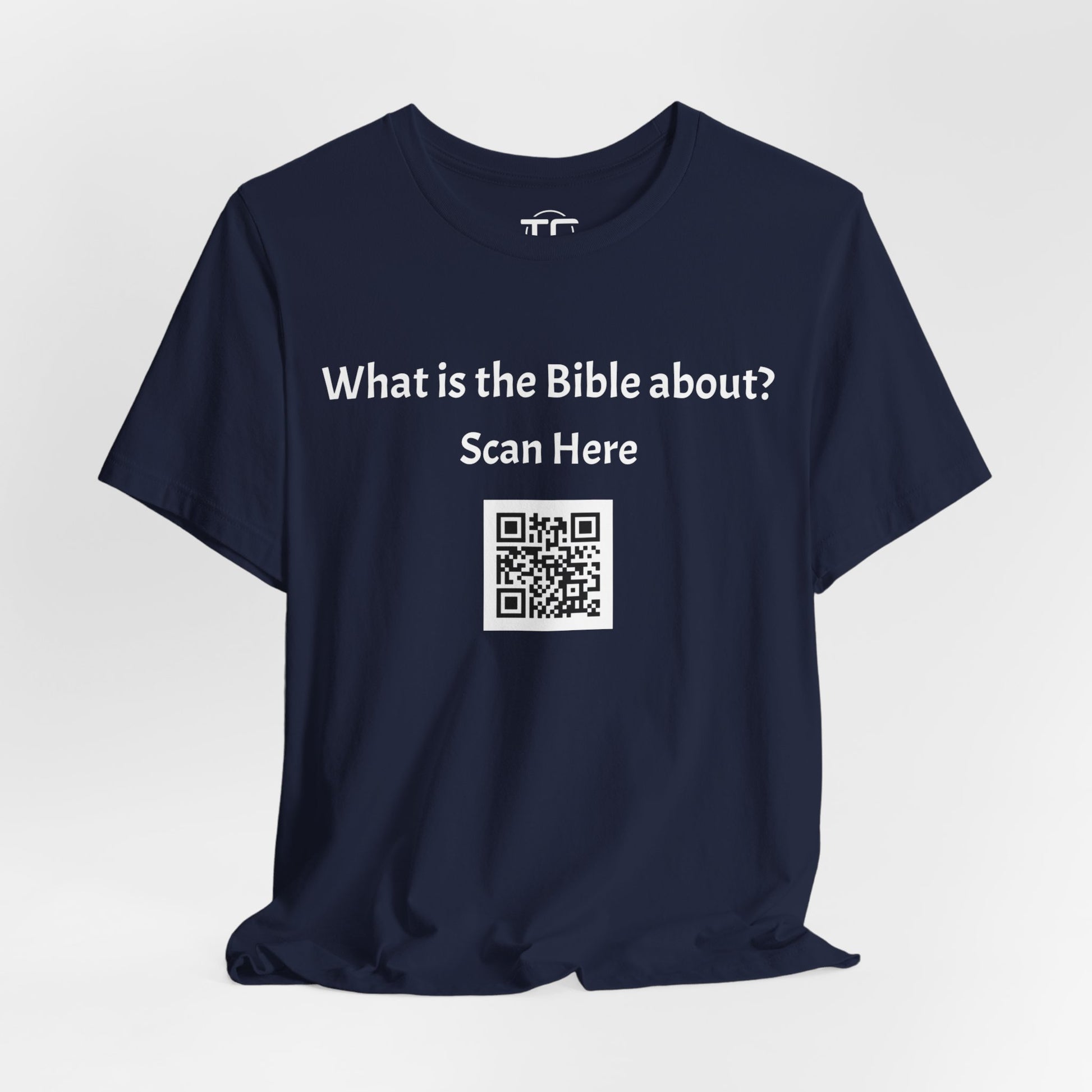 Navy tee shirt with a QR Code linking to a Christian blog "What is the Bible about"?, perfect for sharing biblical blog content. Front Image