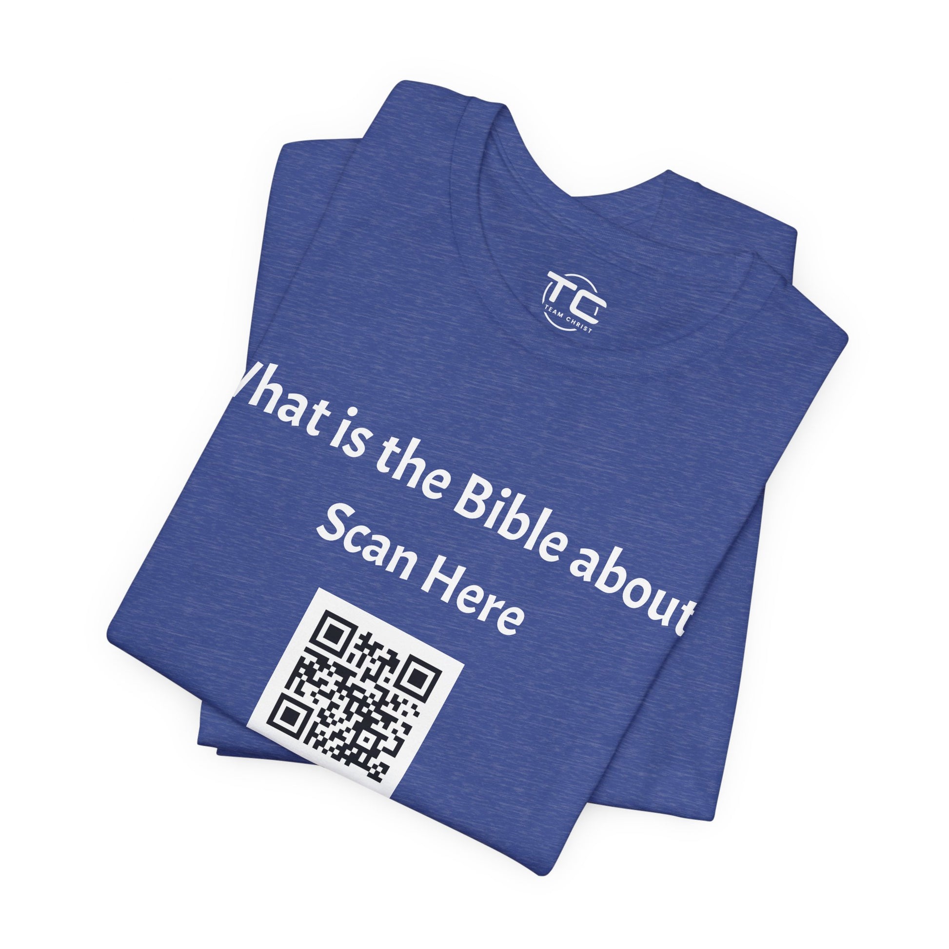 Heather Blue tee shirt with a QR Code linking to a Christian blog "What is the Bible about"?, perfect for sharing biblical blog content. Front folded Image