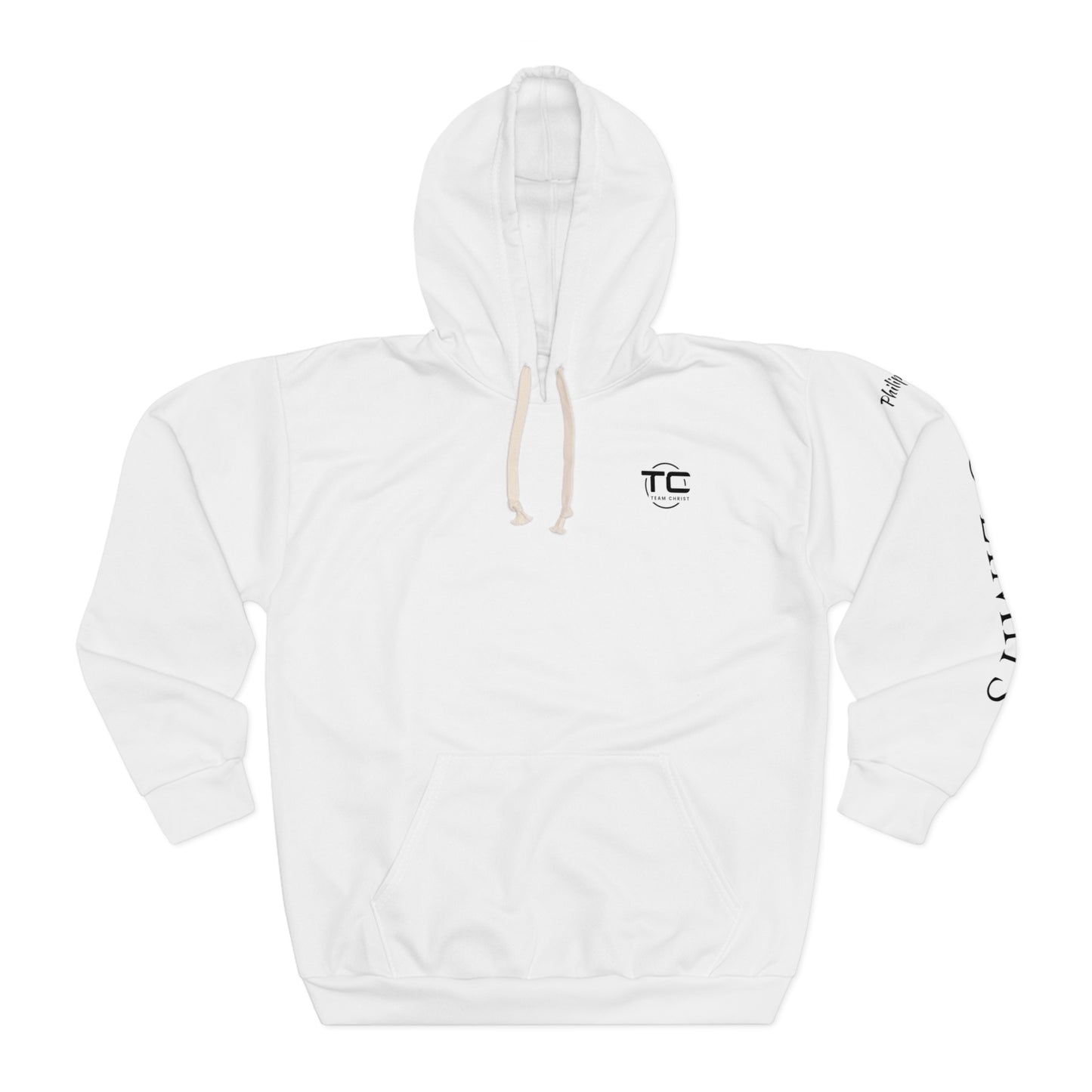 White No Limits Christian hoodie with writing on the left sleeve, ideal for expressing faith and style in a godly hoodie. Front image.