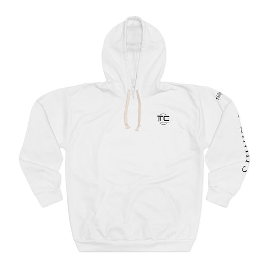 White No Limits Christian hoodie with writing on the left sleeve, ideal for expressing faith and style in a godly hoodie. Front image.