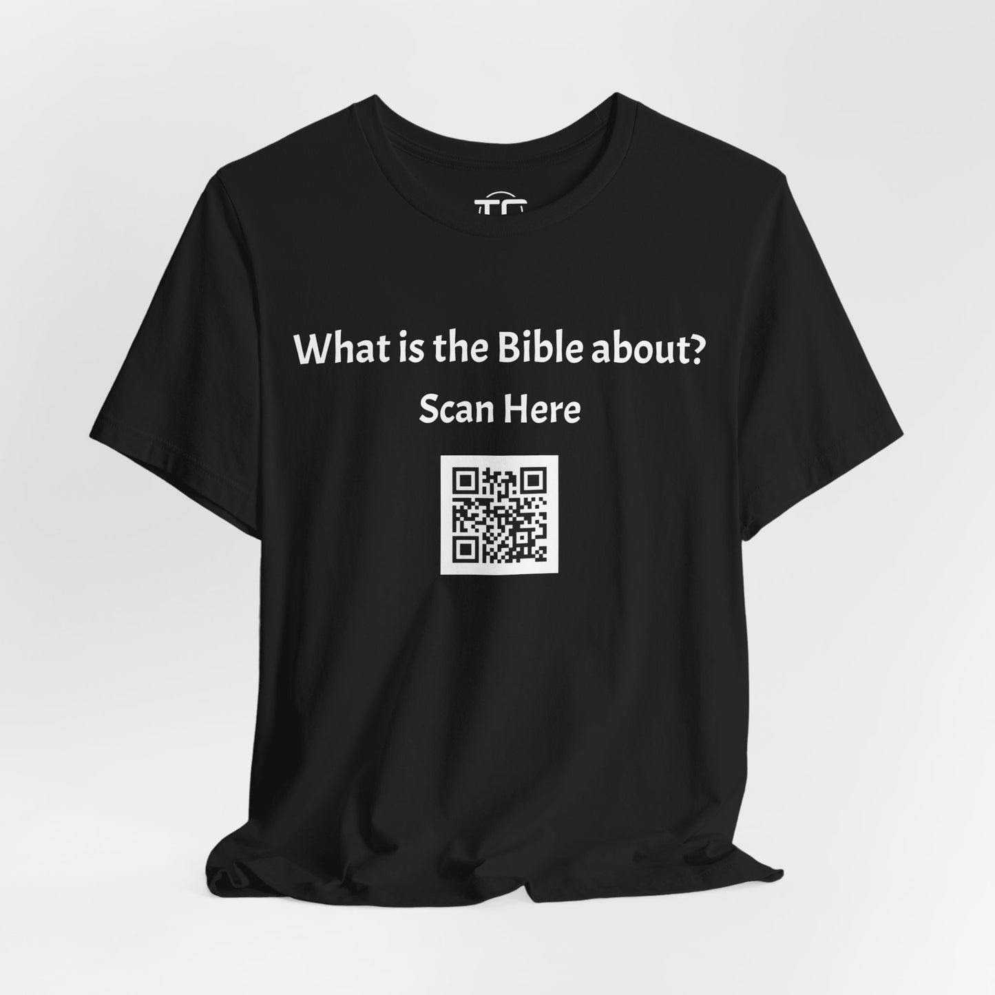 Black tee shirt with a QR Code linking to a Christian blog "What is the Bible about"?, perfect for sharing biblical blog content. Front Image