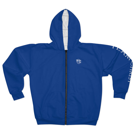 Blue Team Christ Christian Zip hoodie with writing on the left sleeve, ideal for expressing faith and style in a godly hoodie. Front Image