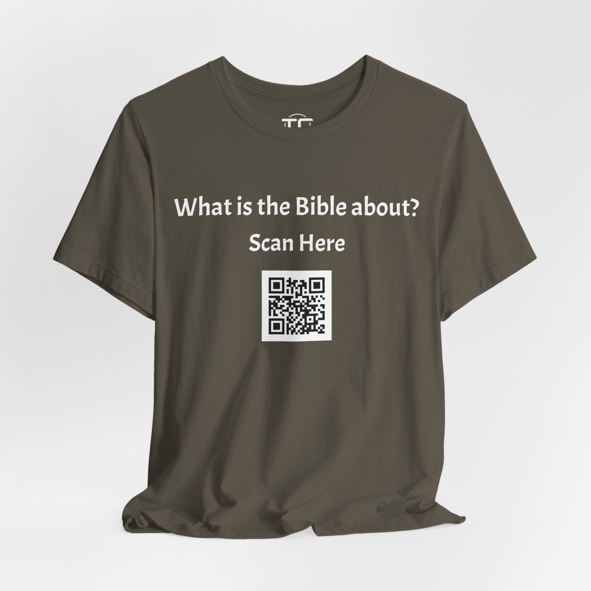 Army Green tee shirt with a QR Code linking to a Christian blog "What is the Bible about"?, perfect for sharing biblical blog content. Front Image