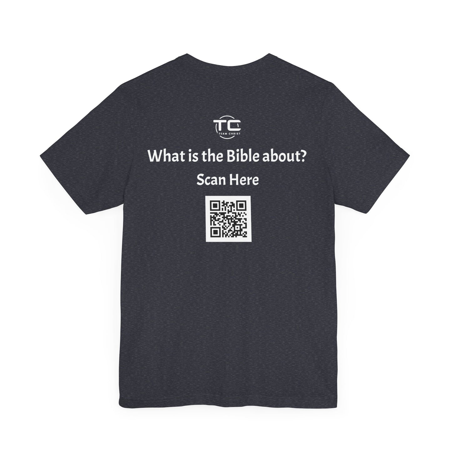 Heather navy tee shirt with a QR Code linking to a Christian blog "What is the Bible about"?, perfect for sharing biblical blog content. Back Image